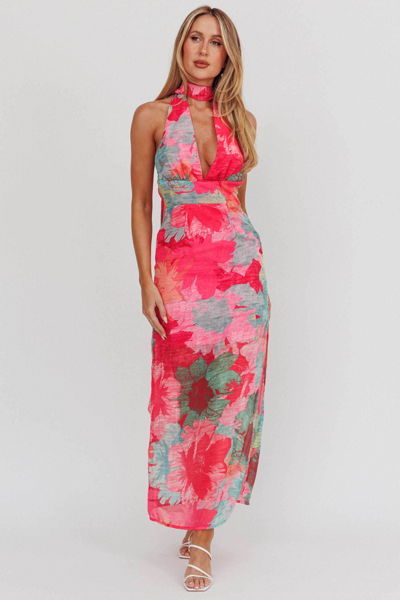 Cipriana Backless Halter Maxi Dress Floral Fuchsia by Selfie Leslie Australia