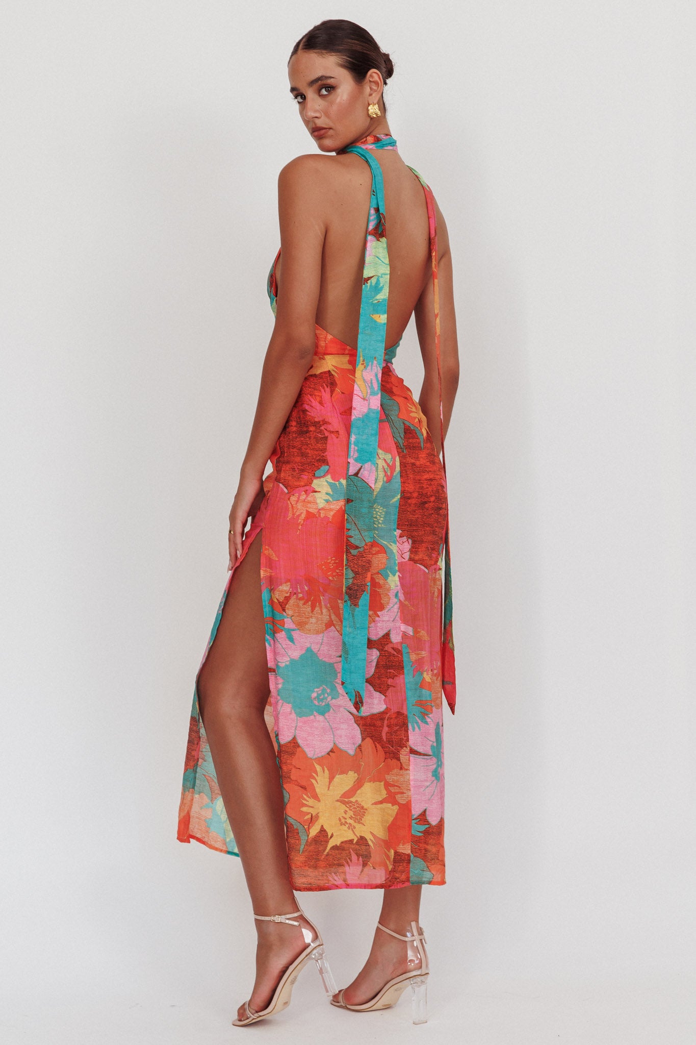 Cipriana Backless Halter Maxi Dress Floral Pink | Selfie Leslie Australia Cipriana Backless Halter Maxi Dress Floral Pink | Selfie Leslie Australia