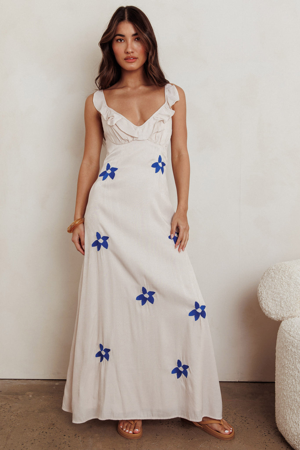 Hibiscus Ruffle A-line Maxi Dress Bone by Selfie Leslie Australia