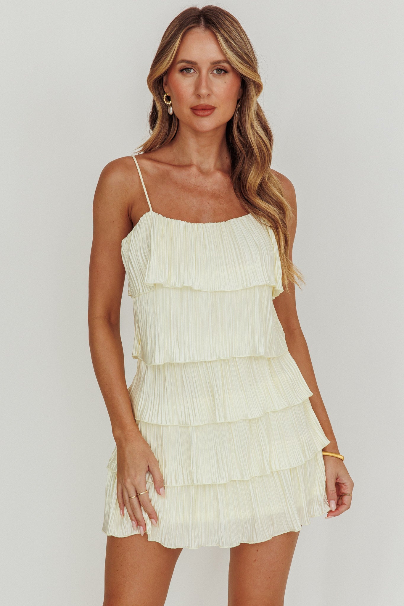 Shop the My Type Plisse Tiered Mini Dress Ivory