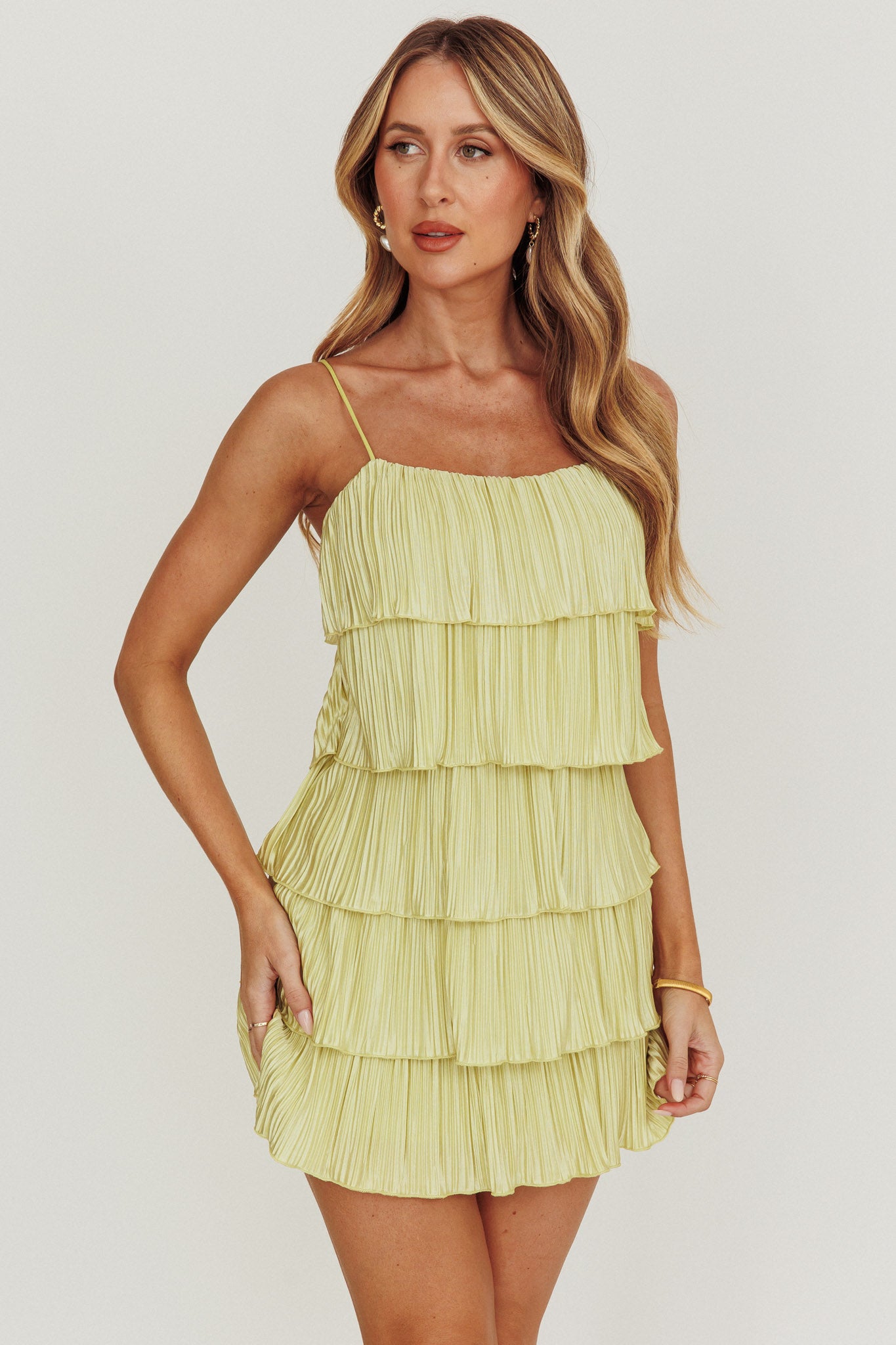 My Type Plisse Tiered Mini Dress Sage by Selfie Leslie Australia
