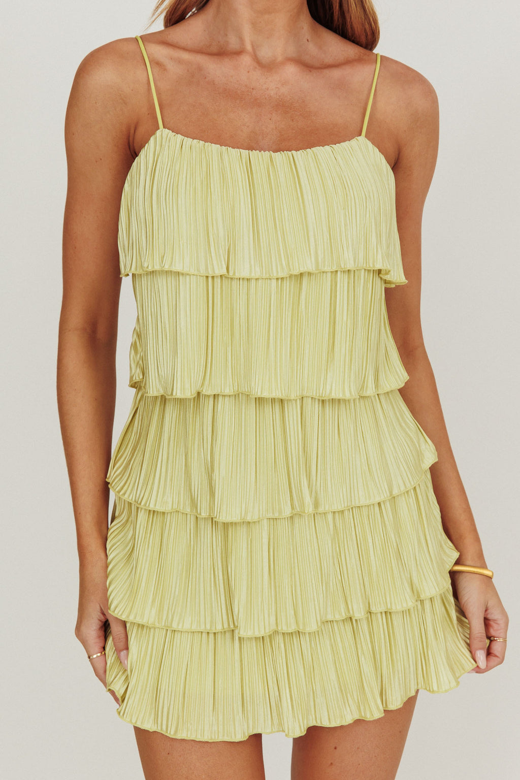 My Type Plisse Tiered Mini Dress Sage by Selfie Leslie Australia