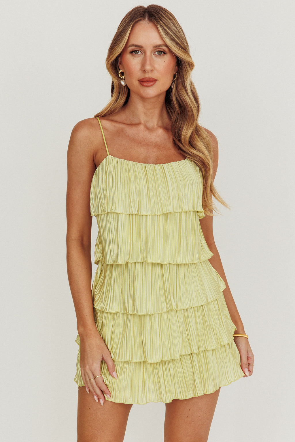 My Type Plisse Tiered Mini Dress Sage by Selfie Leslie Australia
