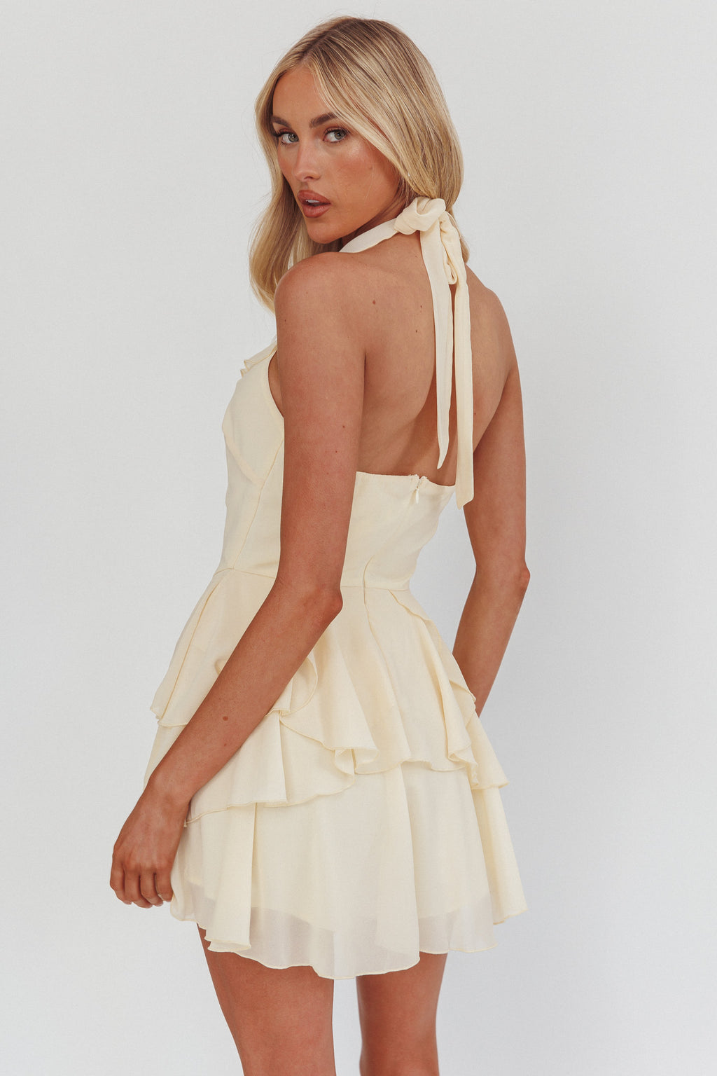 Live Loud Ruffle Layered Hem Mini Dress Cream by Selfie Leslie Australia