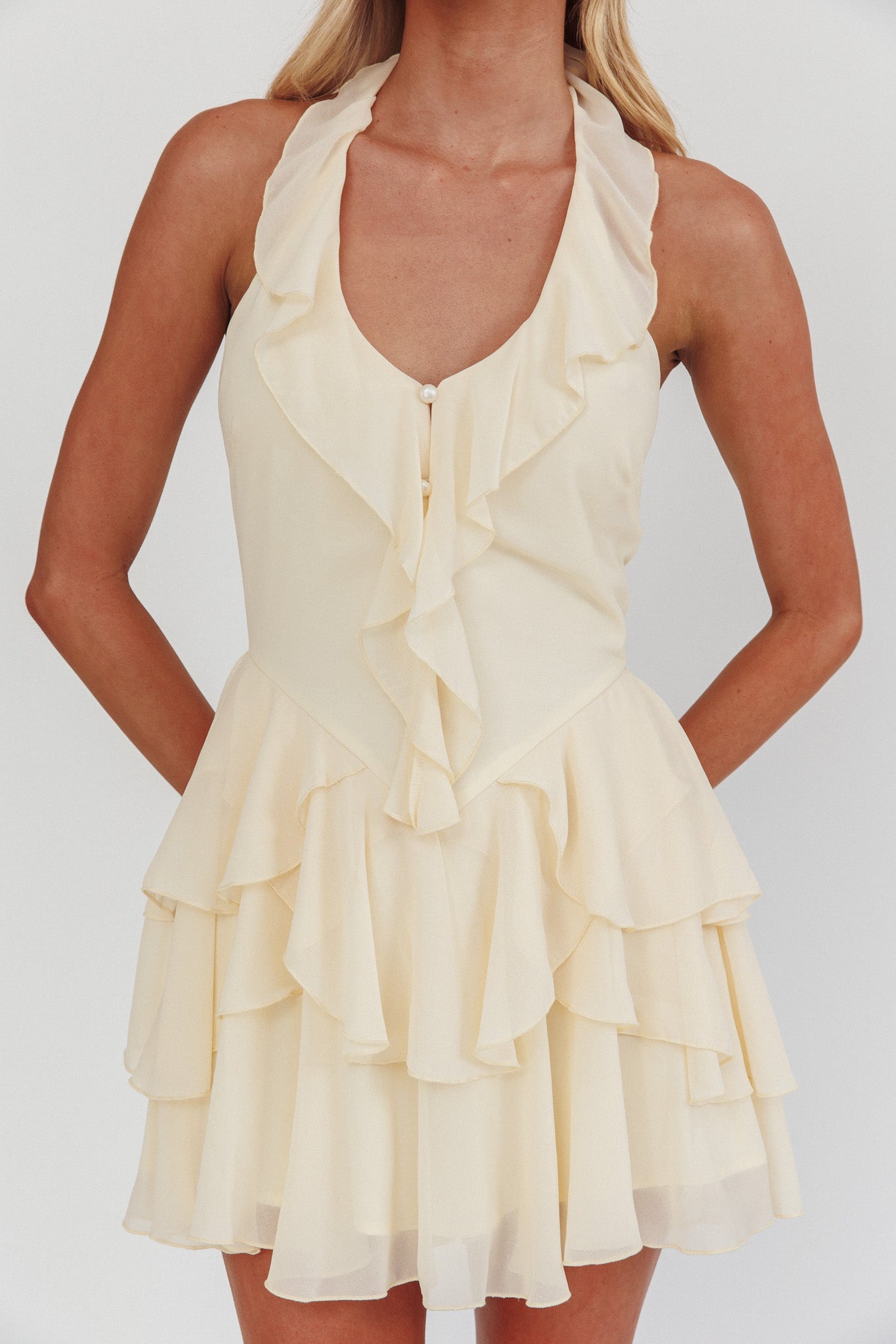 Live Loud Ruffle Layered Hem Mini Dress Cream by Selfie Leslie Australia