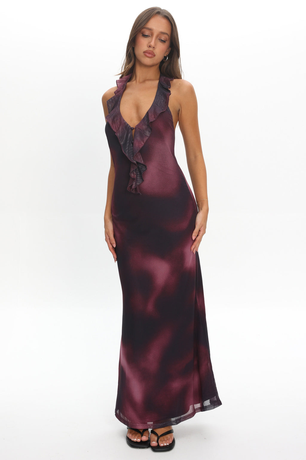 Live Loud Ruffle Halterneck Maxi Dress Print Brown by Selfie Leslie Australia