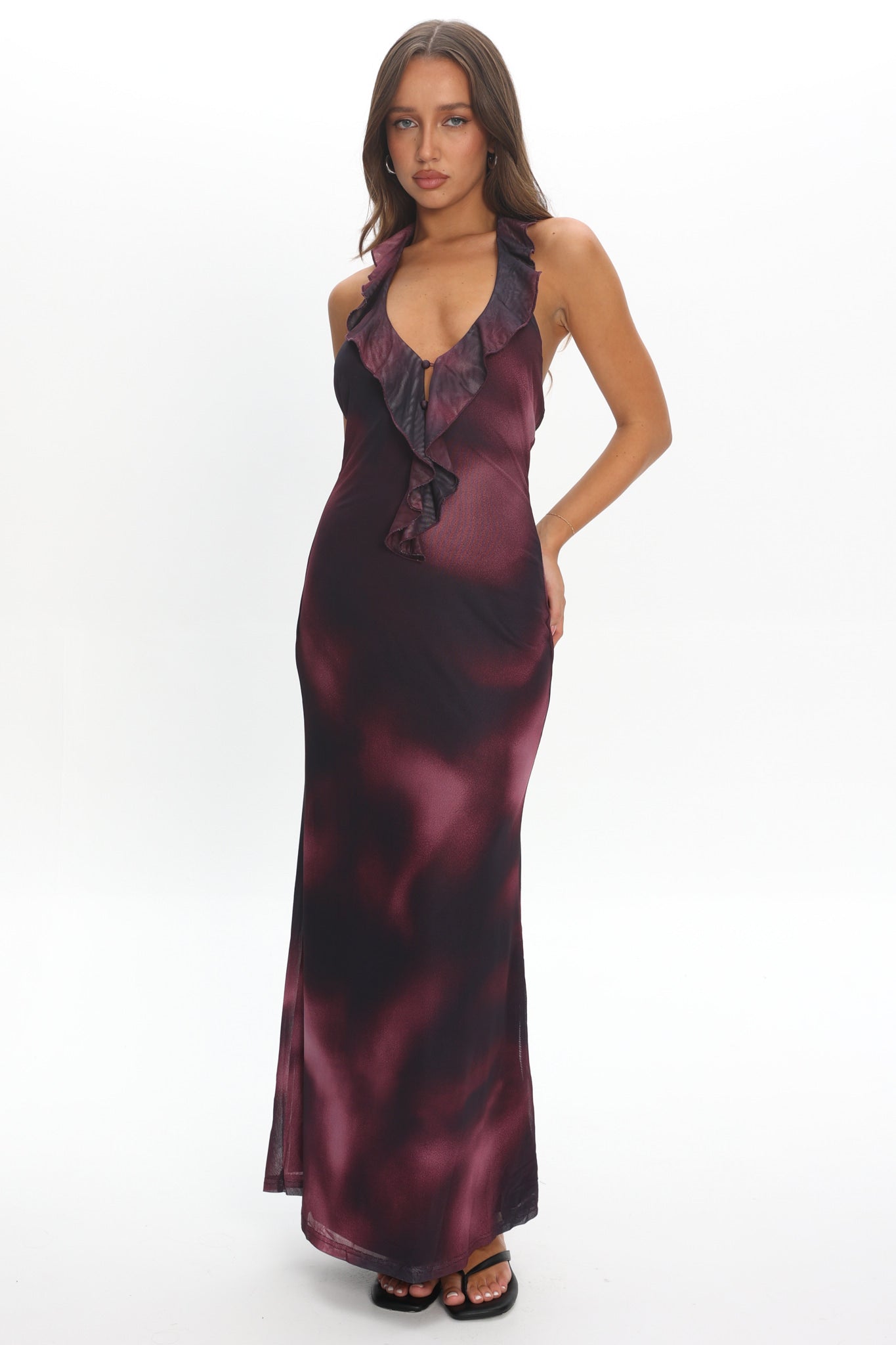 Live Loud Ruffle Halterneck Maxi Dress Print Brown by Selfie Leslie Australia