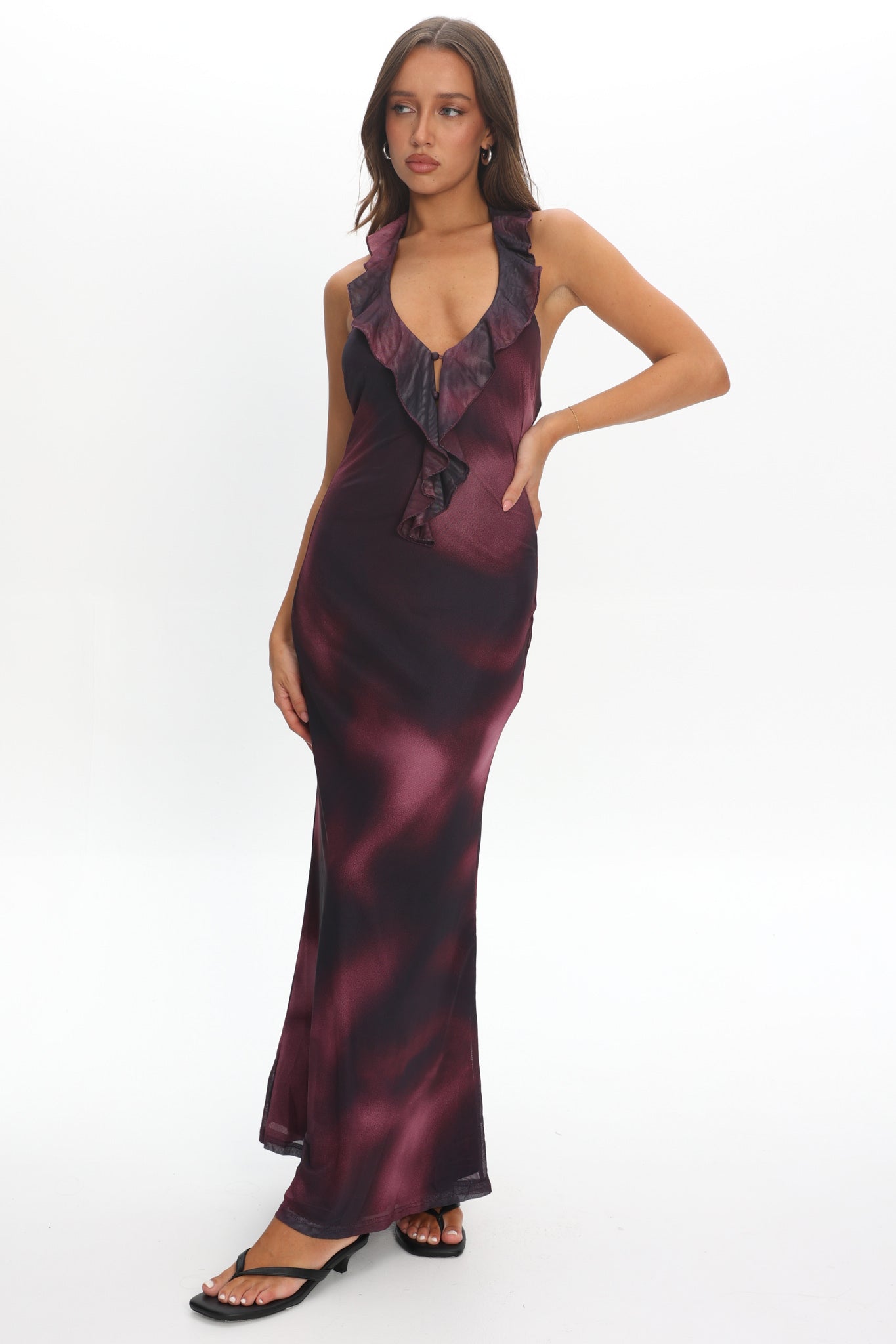 Live Loud Ruffle Halterneck Maxi Dress Print Brown by Selfie Leslie Australia