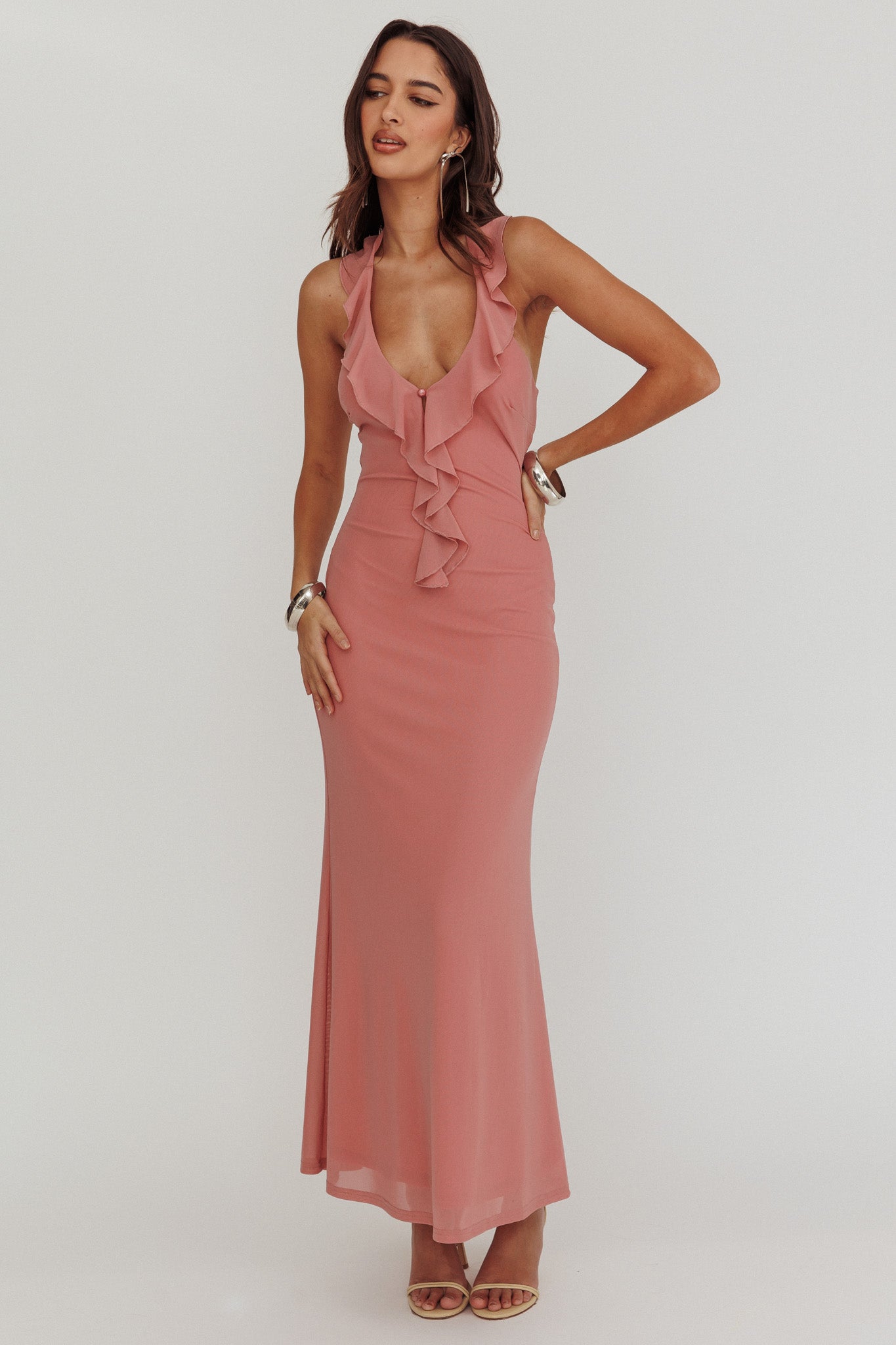 Live Loud Ruffle Halterneck Maxi Dress Rose by Selfie Leslie Australia