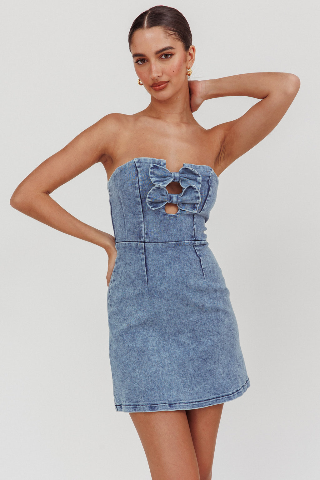 All For You Strapless Mini Dress Blue Denim by Selfie Leslie Australia