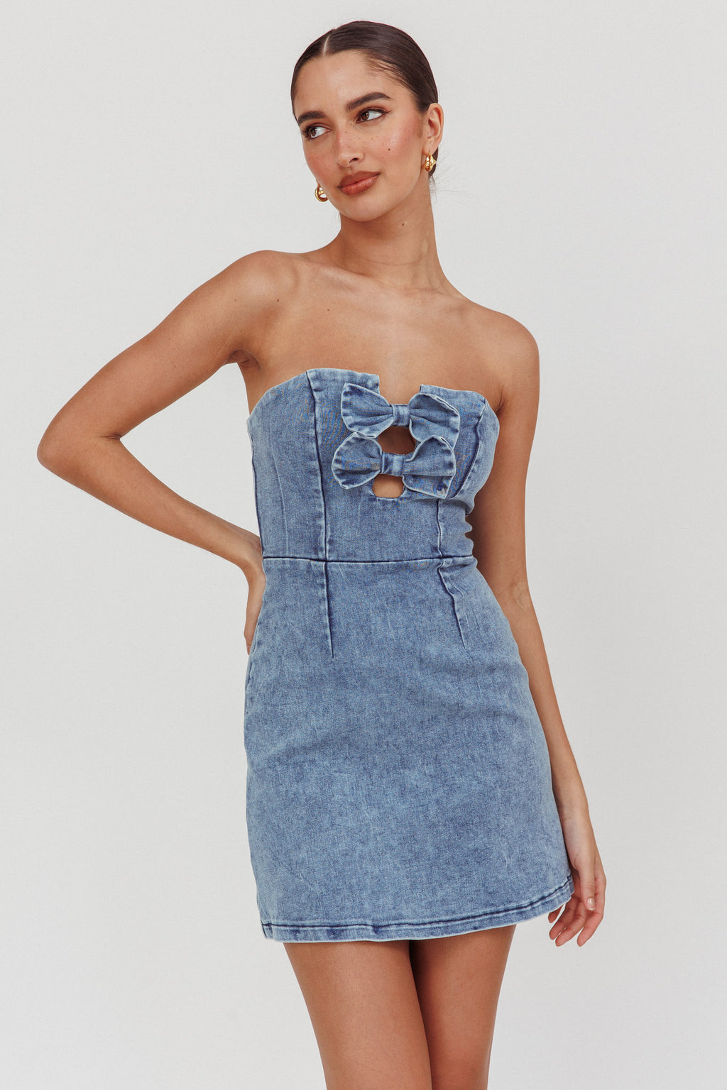 All For You Strapless Mini Dress Blue Denim by Selfie Leslie Australia