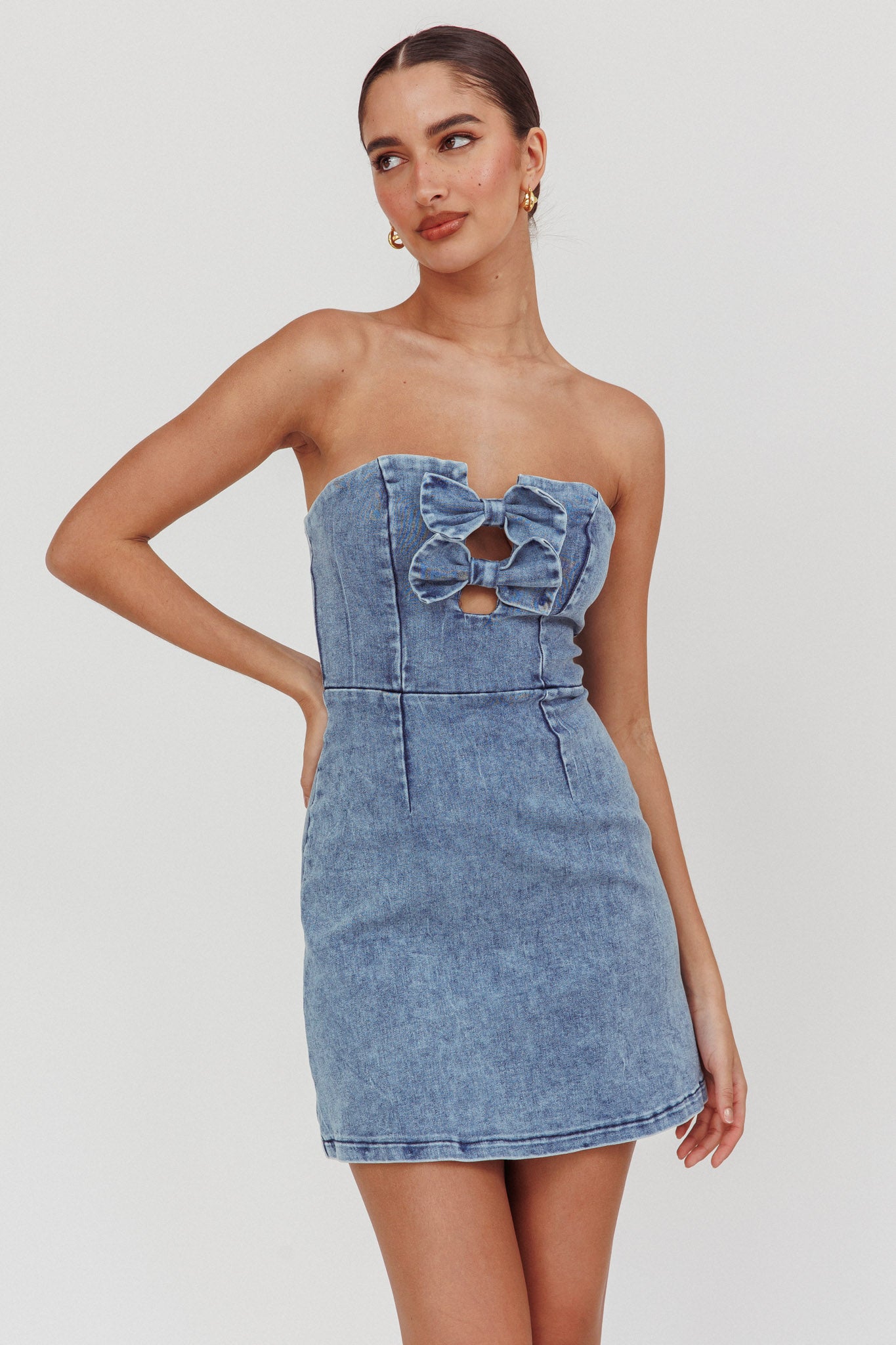 All For You Strapless Mini Dress Blue Denim by Selfie Leslie Australia