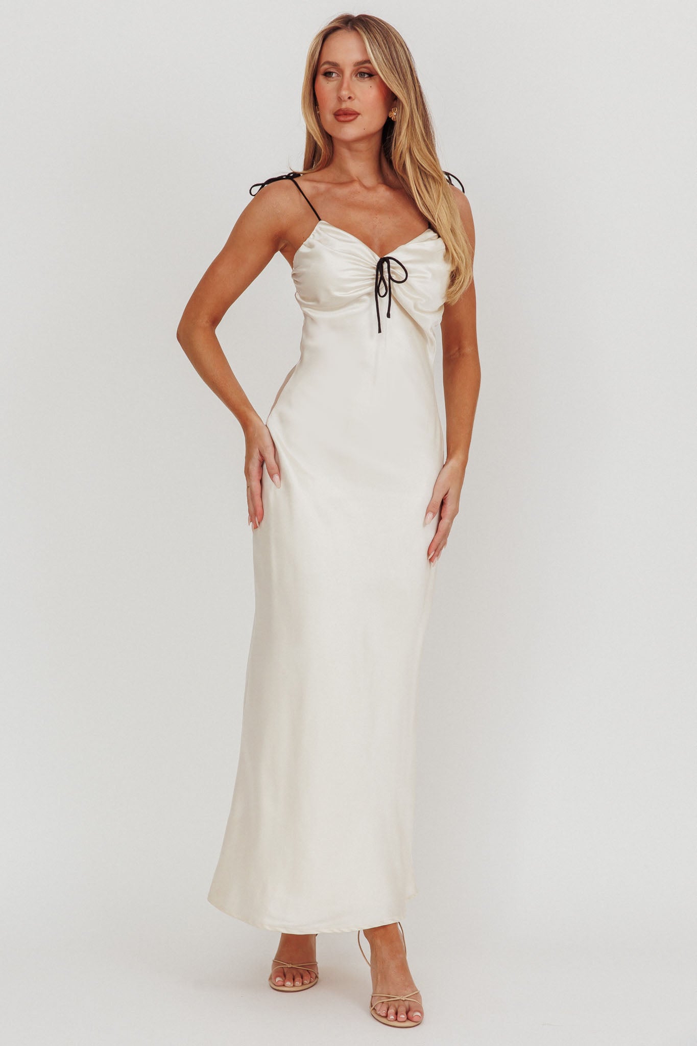 Slow Burn Tied Shoulders Satin Maxi Dress Oyster by Selfie Leslie Australia