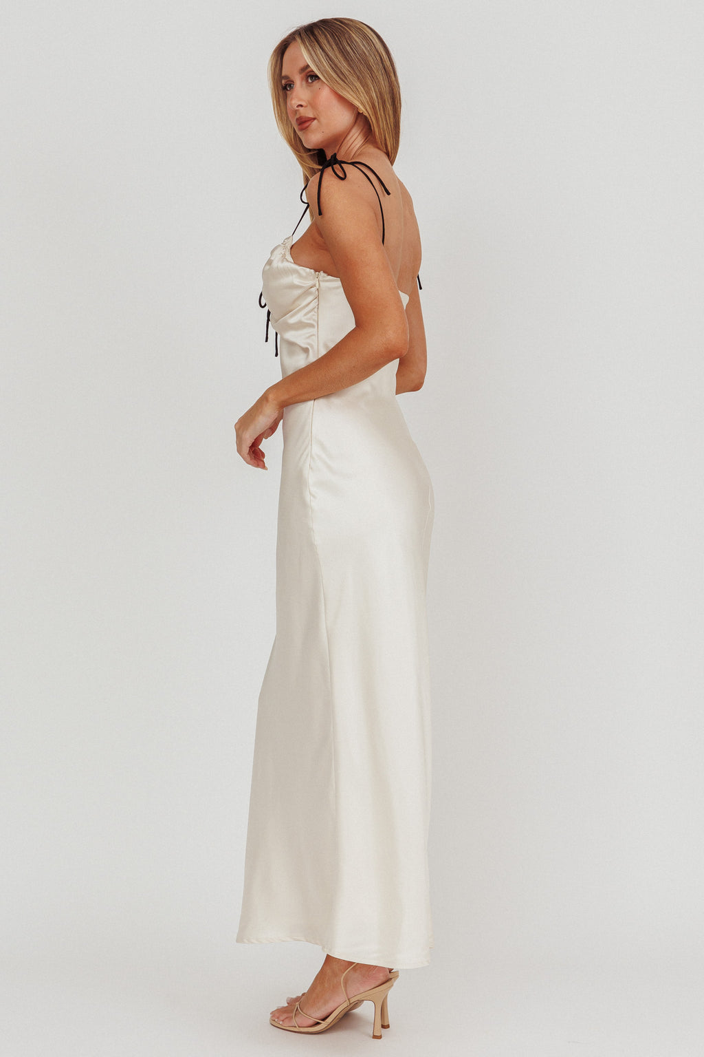 Slow Burn Tied Shoulders Satin Maxi Dress Oyster by Selfie Leslie Australia