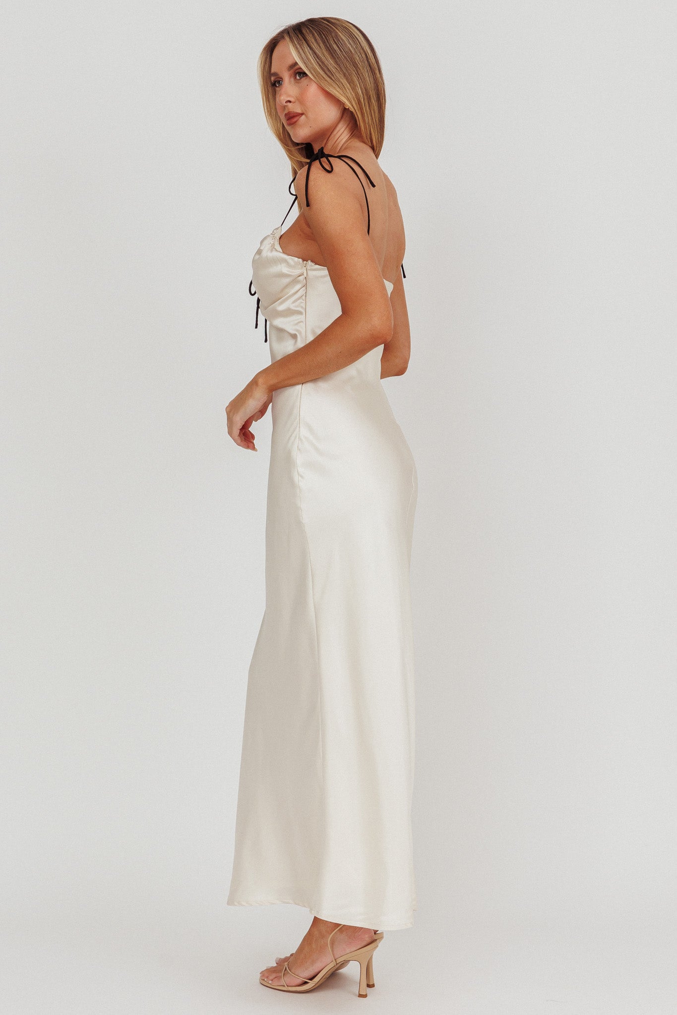 Slow Burn Tied Shoulders Satin Maxi Dress Oyster by Selfie Leslie Australia