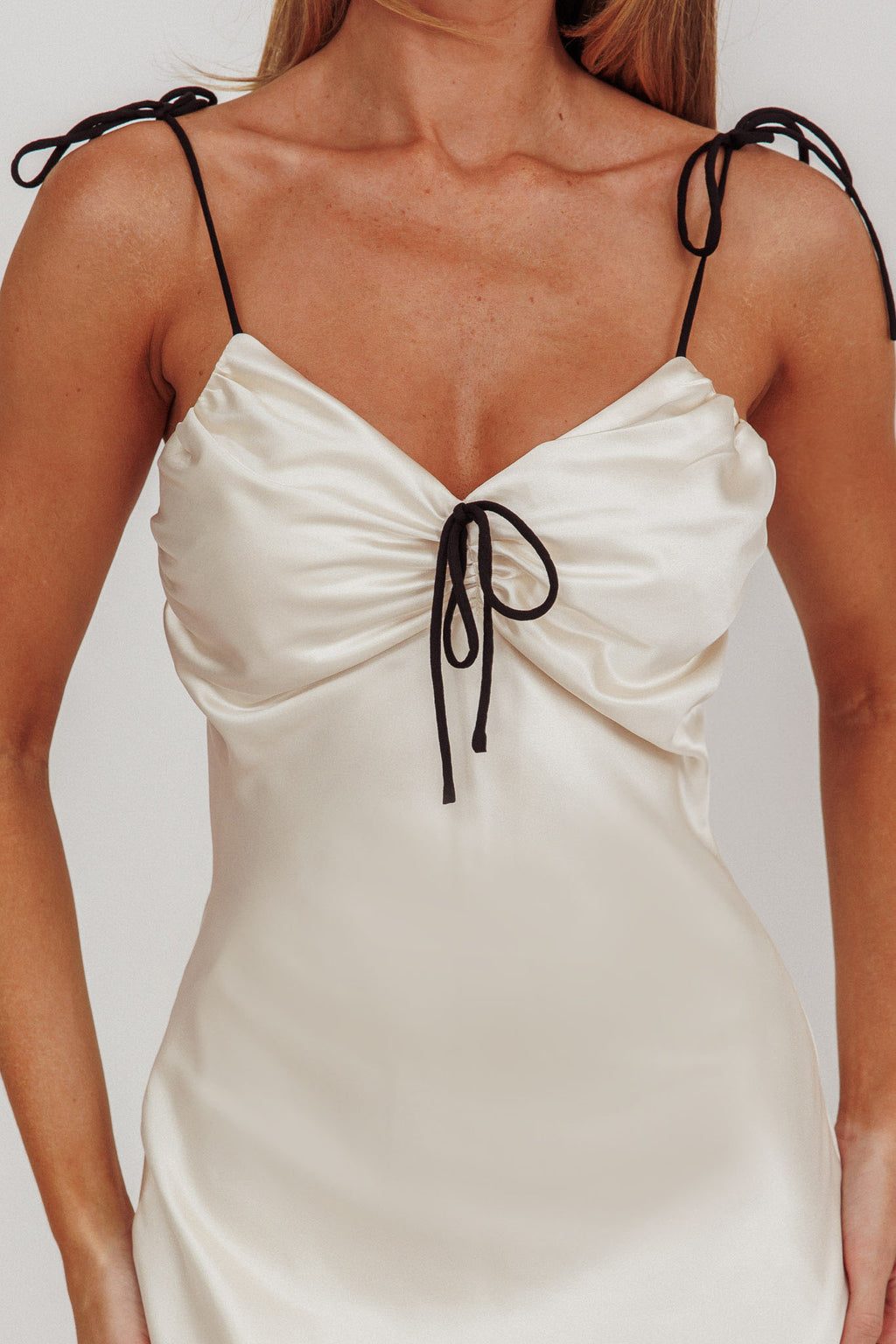 Slow Burn Tied Shoulders Satin Maxi Dress Oyster by Selfie Leslie Australia