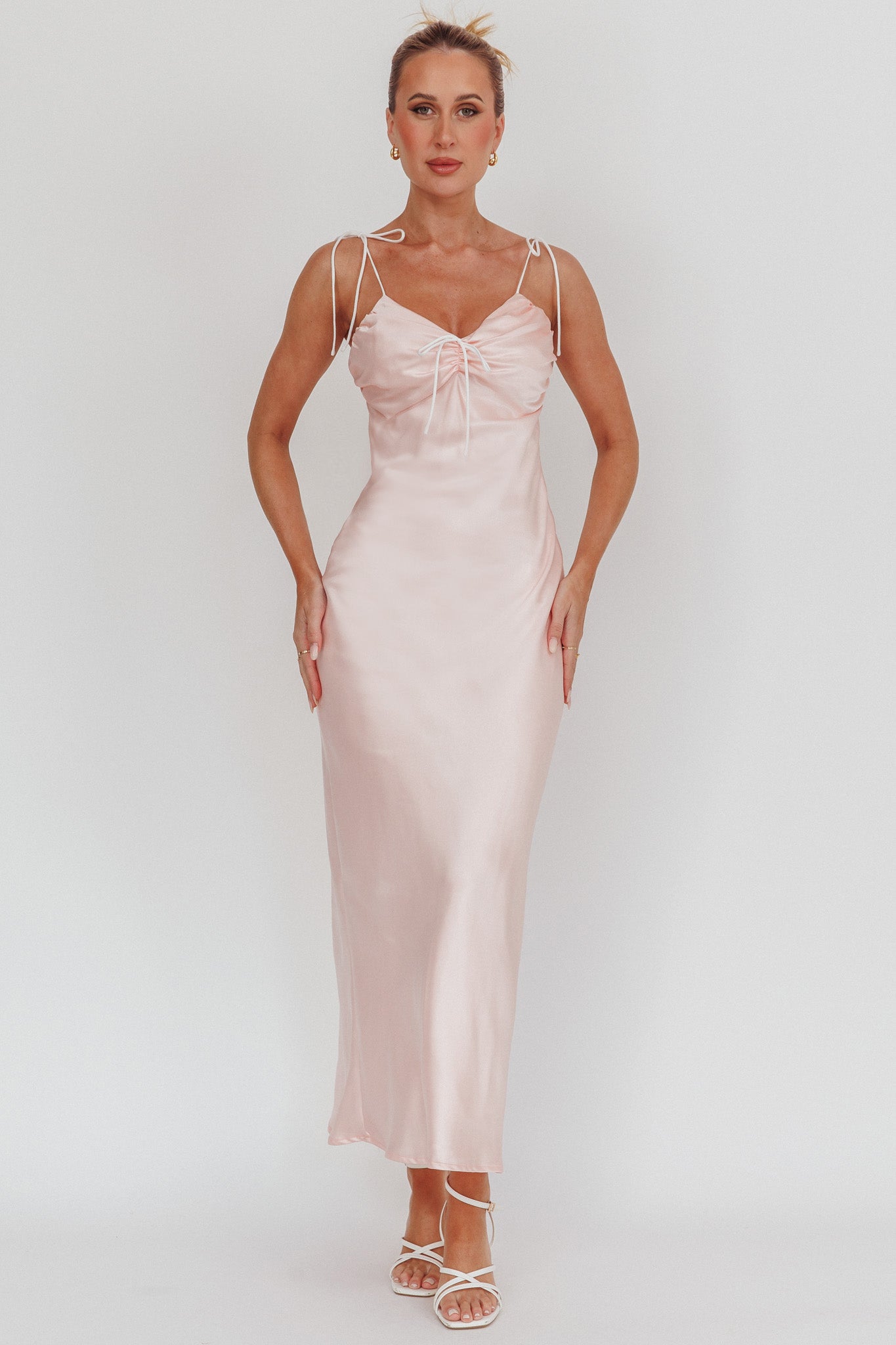 Slow Burn Tied Shoulders Satin Maxi Dress Pink by Selfie Leslie Australia