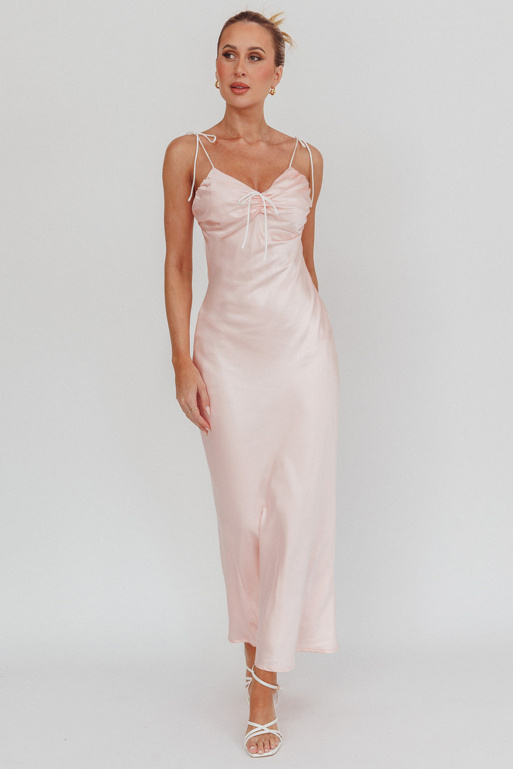 Slow Burn Tied Shoulders Satin Maxi Dress Pink by Selfie Leslie Australia