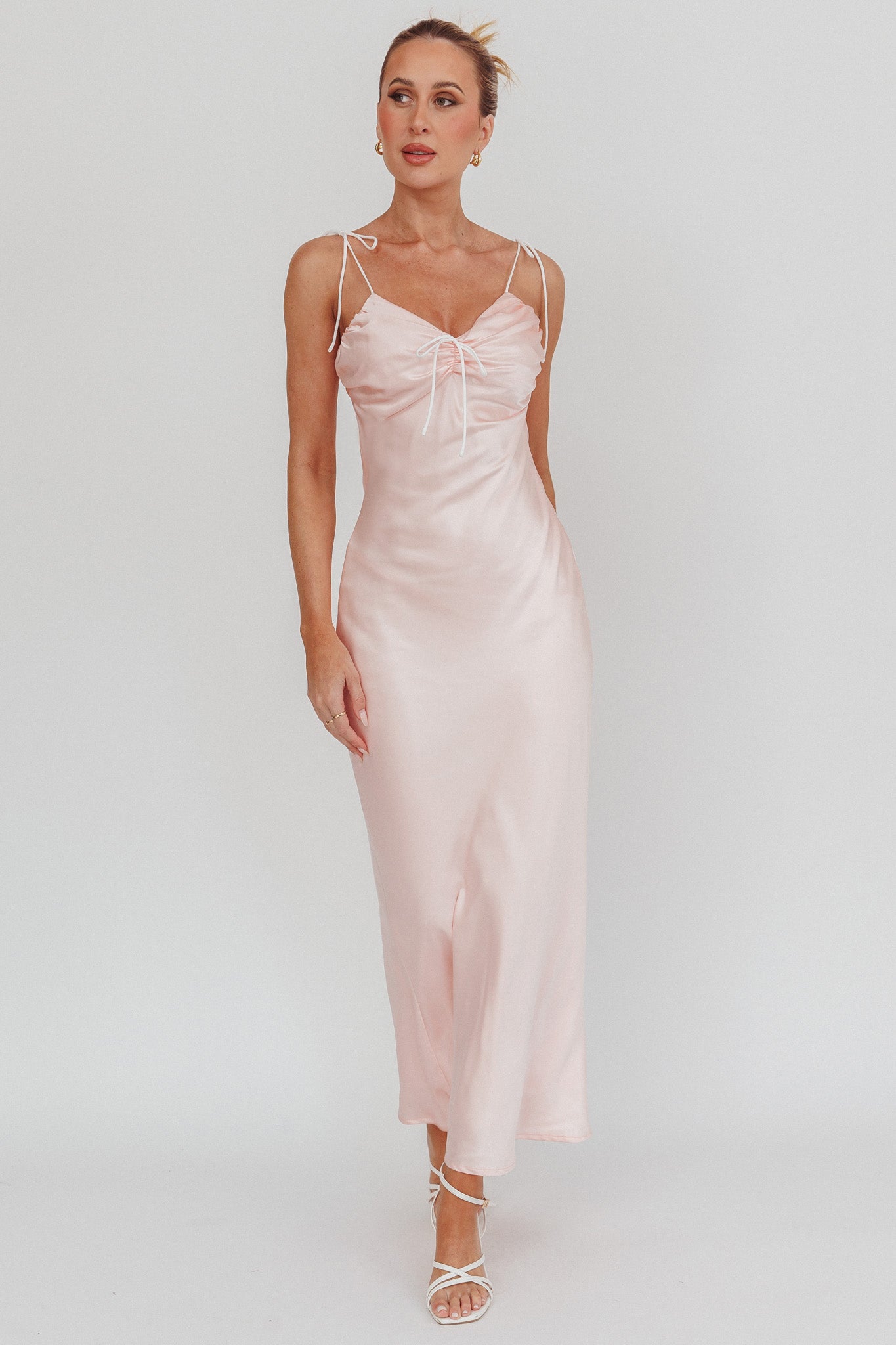 Slow Burn Tied Shoulders Satin Maxi Dress Pink by Selfie Leslie Australia