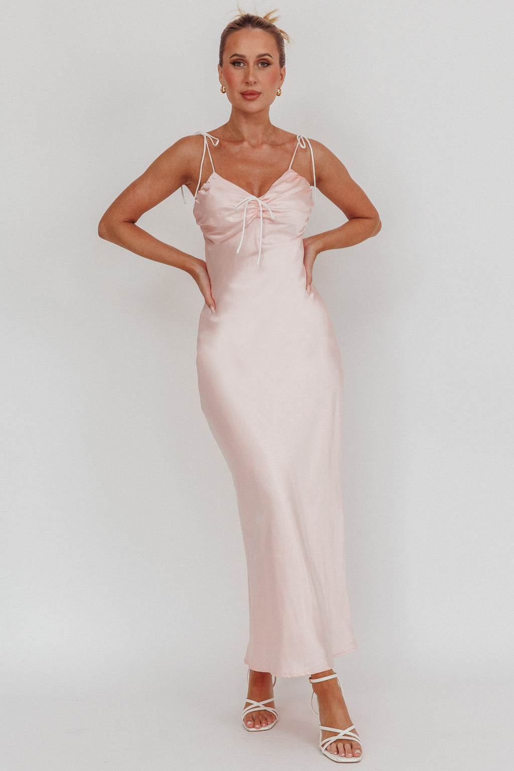 Slow Burn Tied Shoulders Satin Maxi Dress Pink by Selfie Leslie Australia