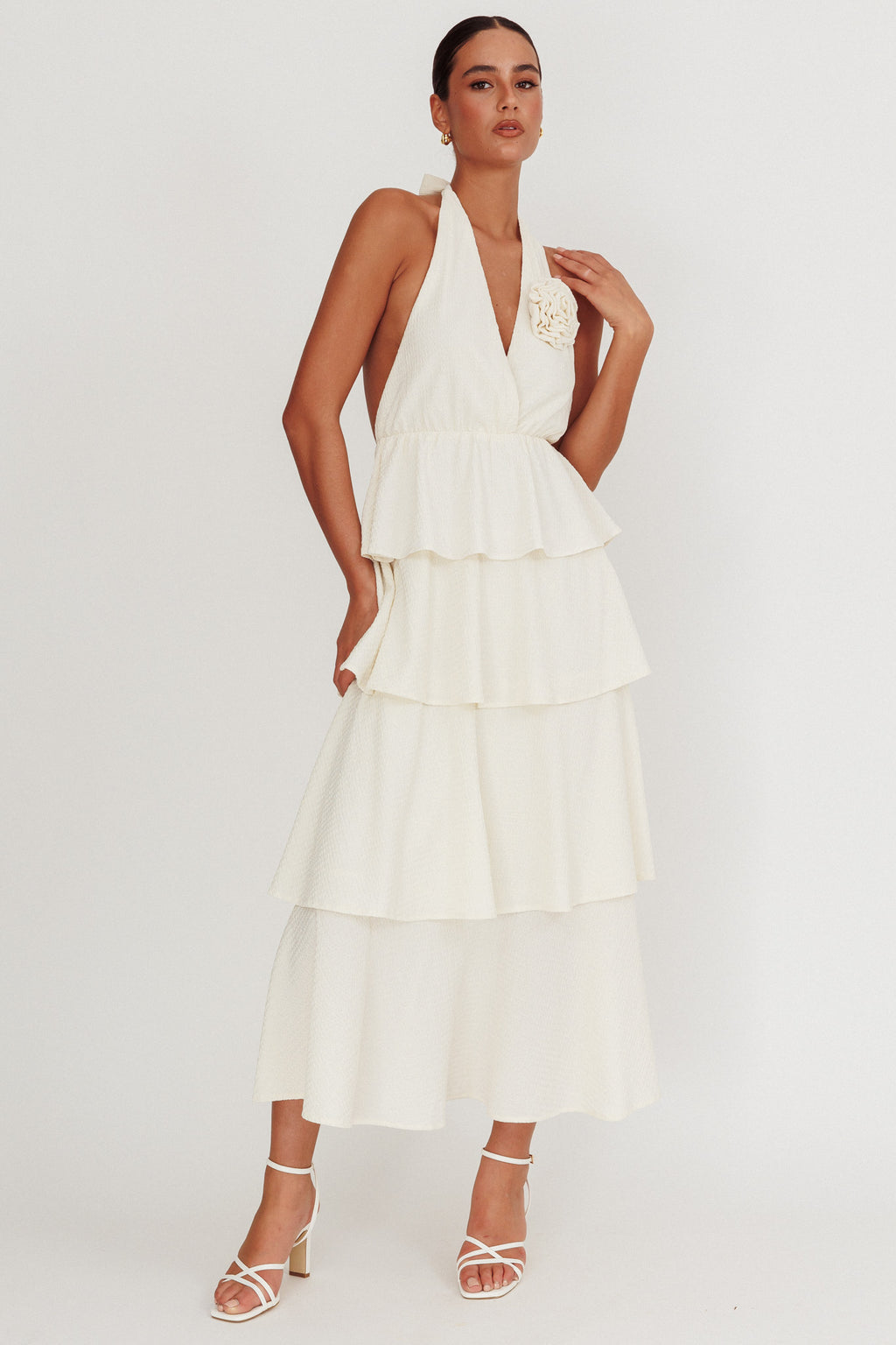 Kimberley Halter Neck Ruffle Maxi Dress Beige by Selfie Leslie Australia