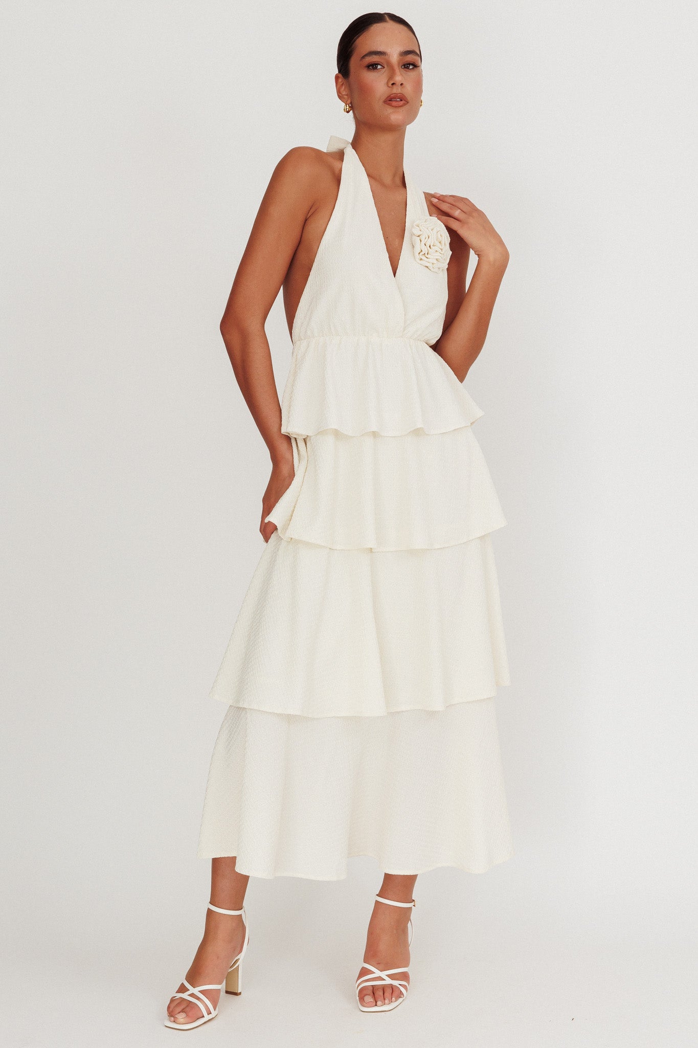 Kimberley Halter Neck Ruffle Maxi Dress Beige by Selfie Leslie Australia