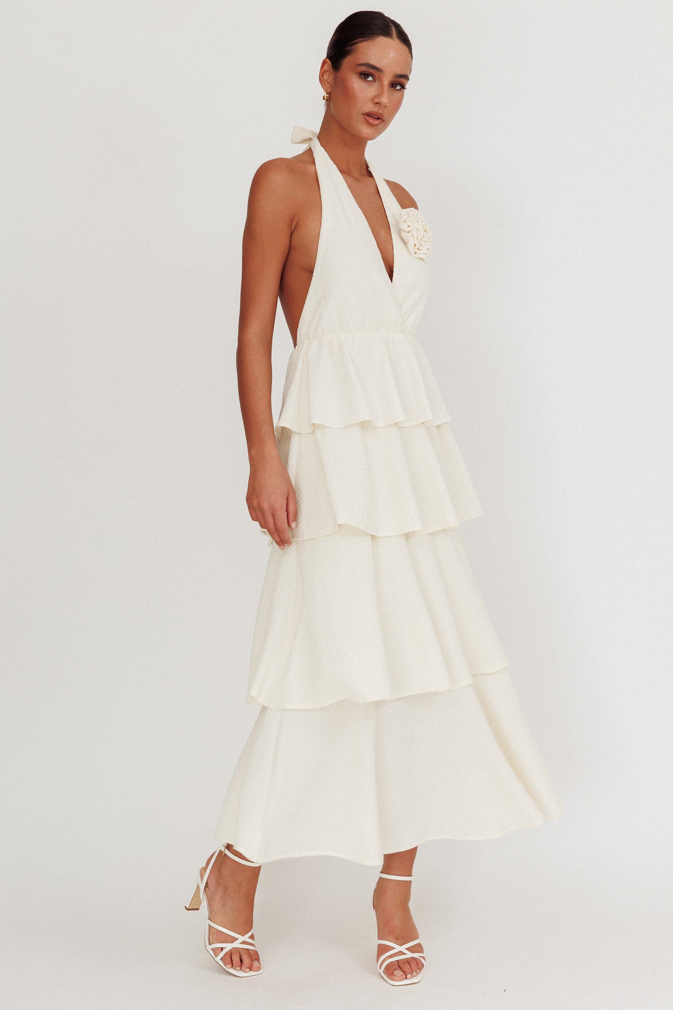 Kimberley Halter Neck Ruffle Maxi Dress Beige by Selfie Leslie Australia