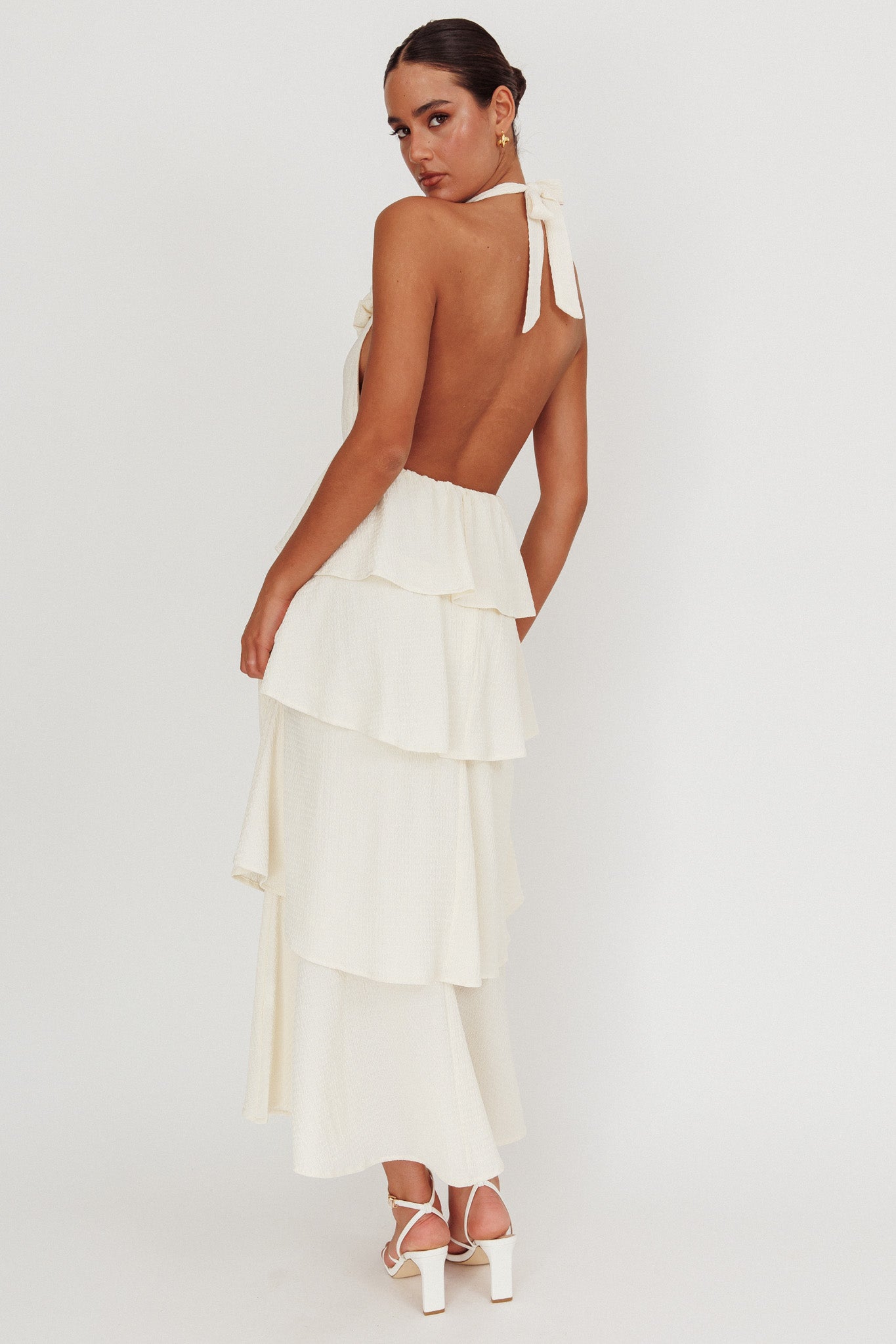 Kimberley Halter Neck Ruffle Maxi Dress Beige by Selfie Leslie Australia