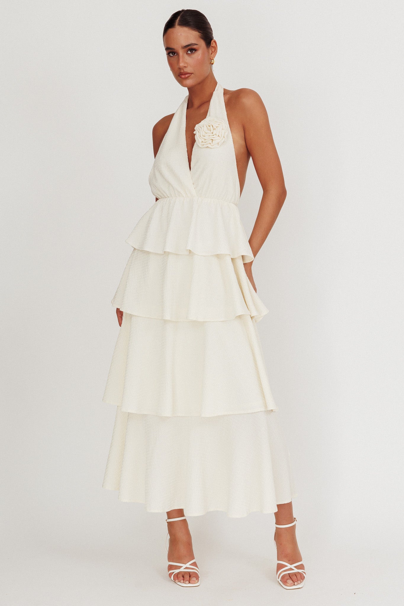 Kimberley Halter Neck Ruffle Maxi Dress Beige by Selfie Leslie Australia