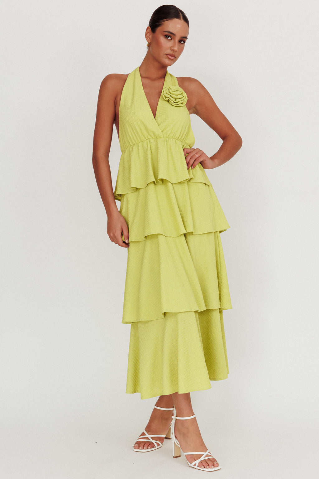 Kimberley Halter Neck Ruffle Maxi Dress Matcha by Selfie Leslie Australia