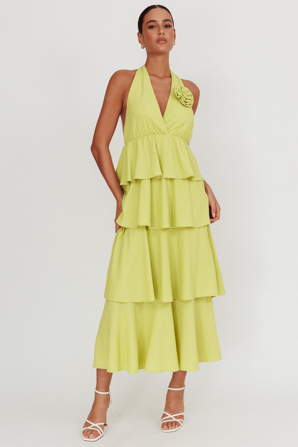 Kimberley Halter Neck Ruffle Maxi Dress Matcha by Selfie Leslie Australia