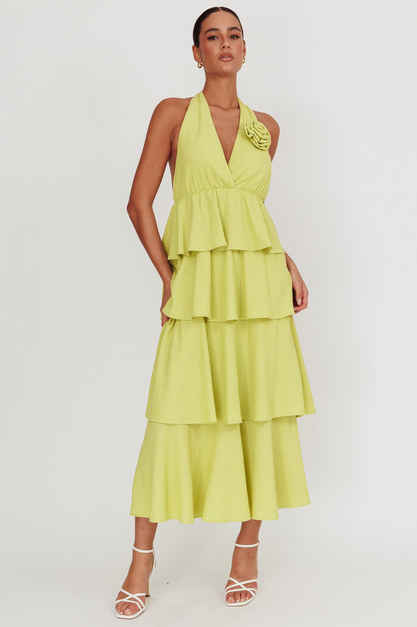 Kimberley Halter Neck Ruffle Maxi Dress Matcha by Selfie Leslie Australia