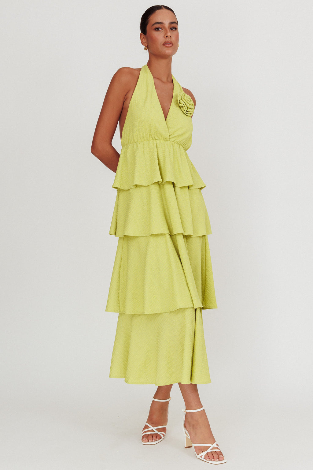Kimberley Halter Neck Ruffle Maxi Dress Matcha by Selfie Leslie Australia