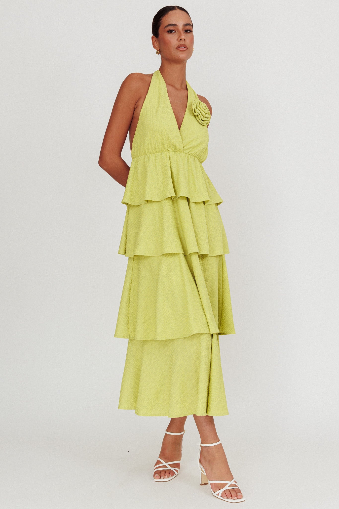 Kimberley Halter Neck Ruffle Maxi Dress Matcha by Selfie Leslie Australia