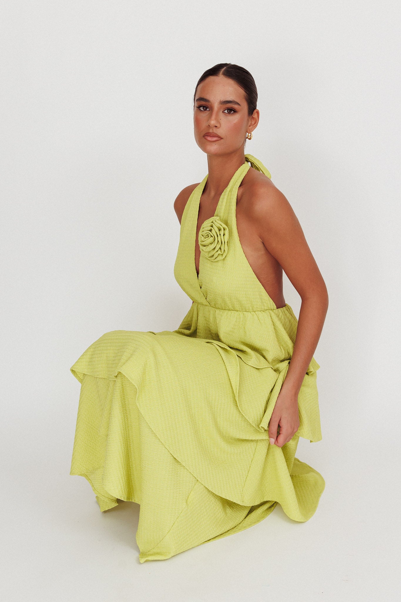 Kimberley Halter Neck Ruffle Maxi Dress Matcha by Selfie Leslie Australia