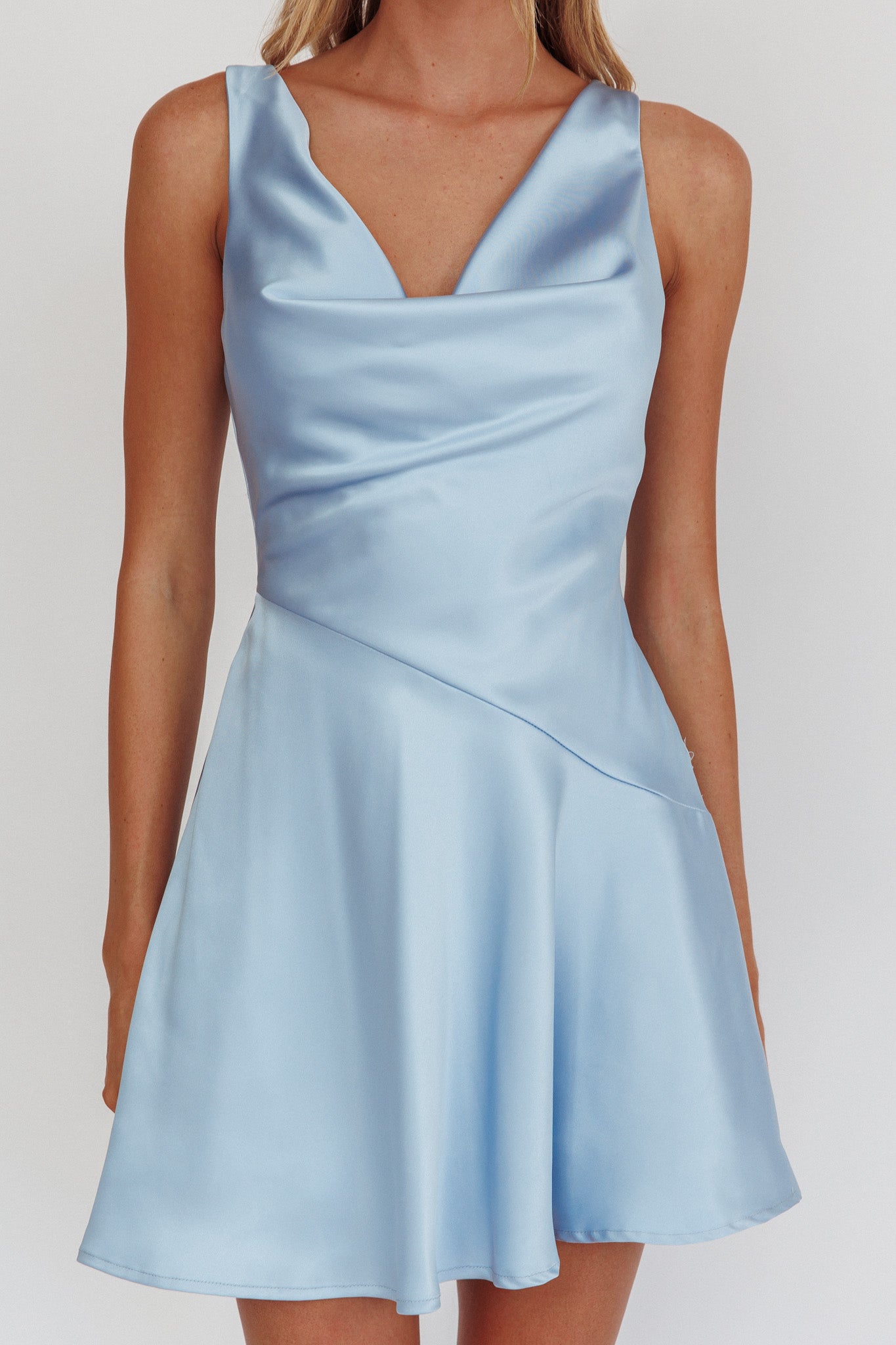 Brigid Cowl Neck Scoop Back Mini Dress Blue by Selfie Leslie Australia