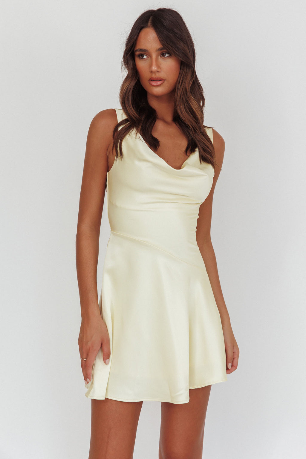 Brigid Cowl Neck Scoop Back Mini Dress Butter by Selfie Leslie Australia