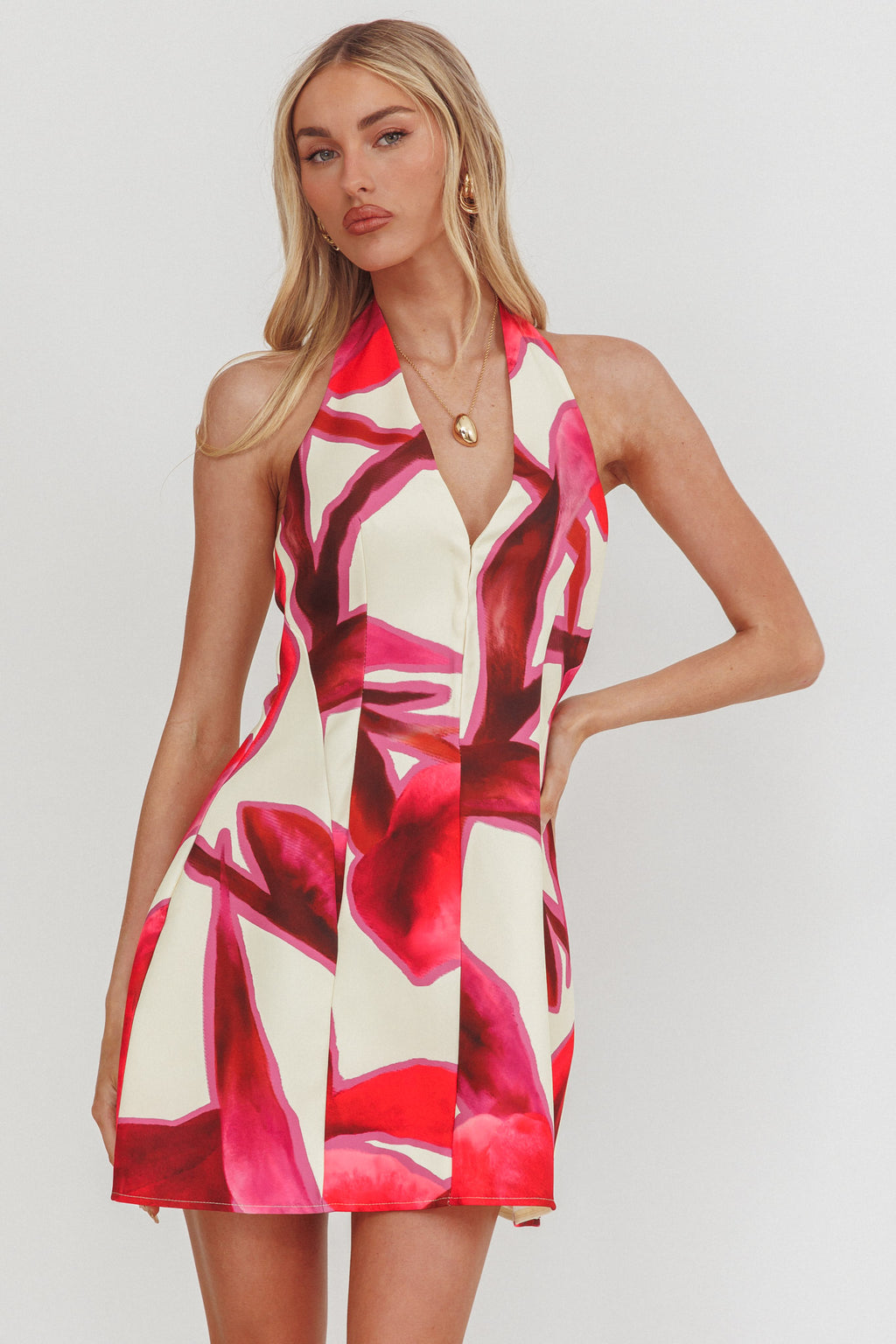 Elisabet Halter Neck Mini Dress Print Red by Selfie Leslie Australia