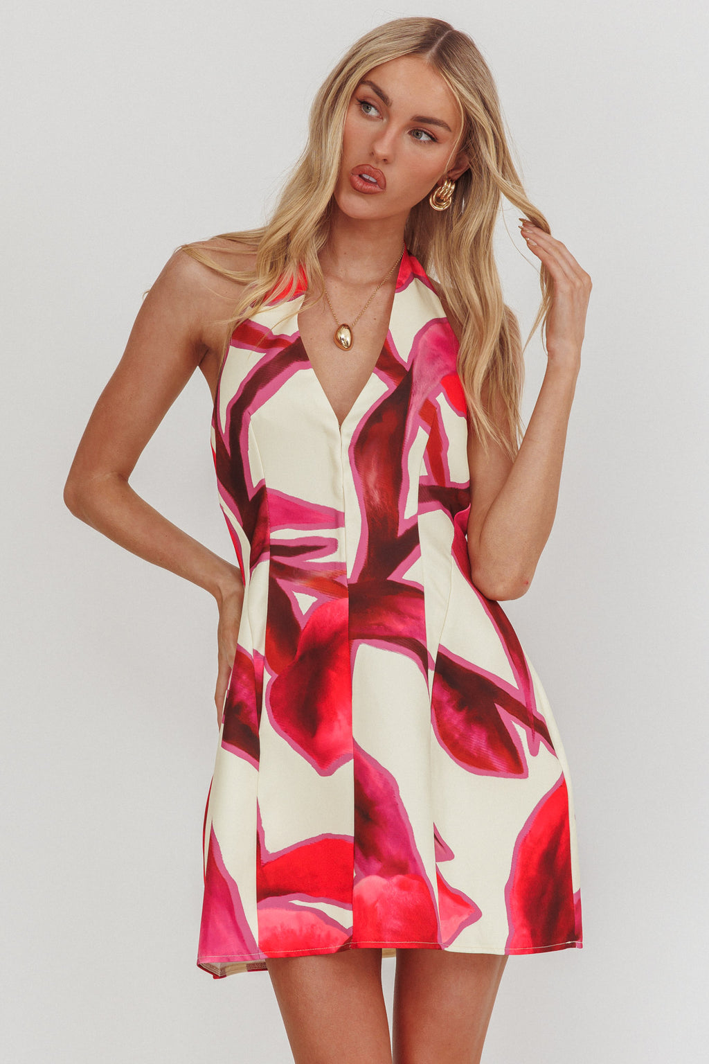 Elisabet Halter Neck Mini Dress Print Red by Selfie Leslie Australia