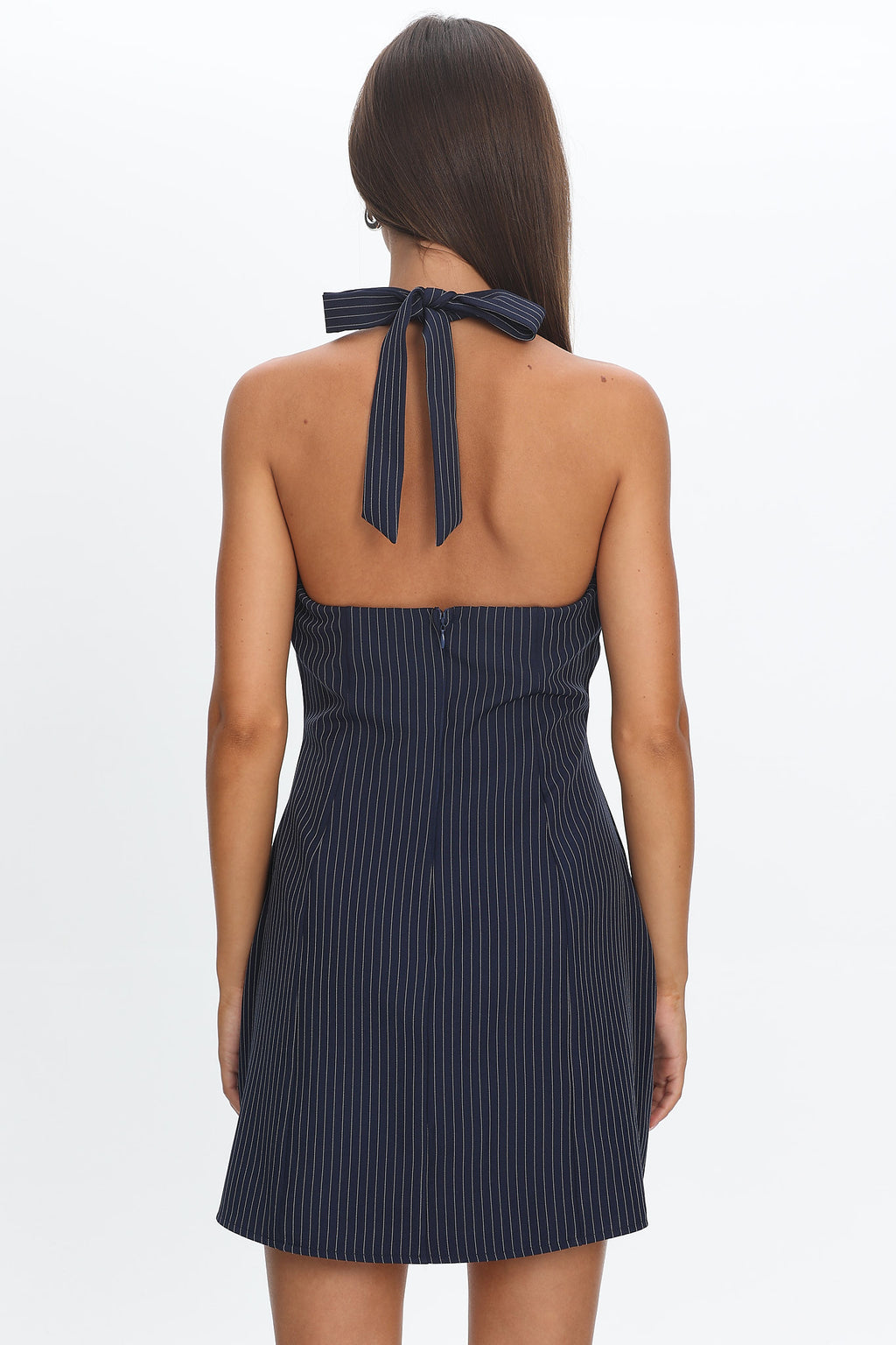 Elisabet Halter Neck Mini Dress Pinstripe Navy by Selfie Leslie Australia