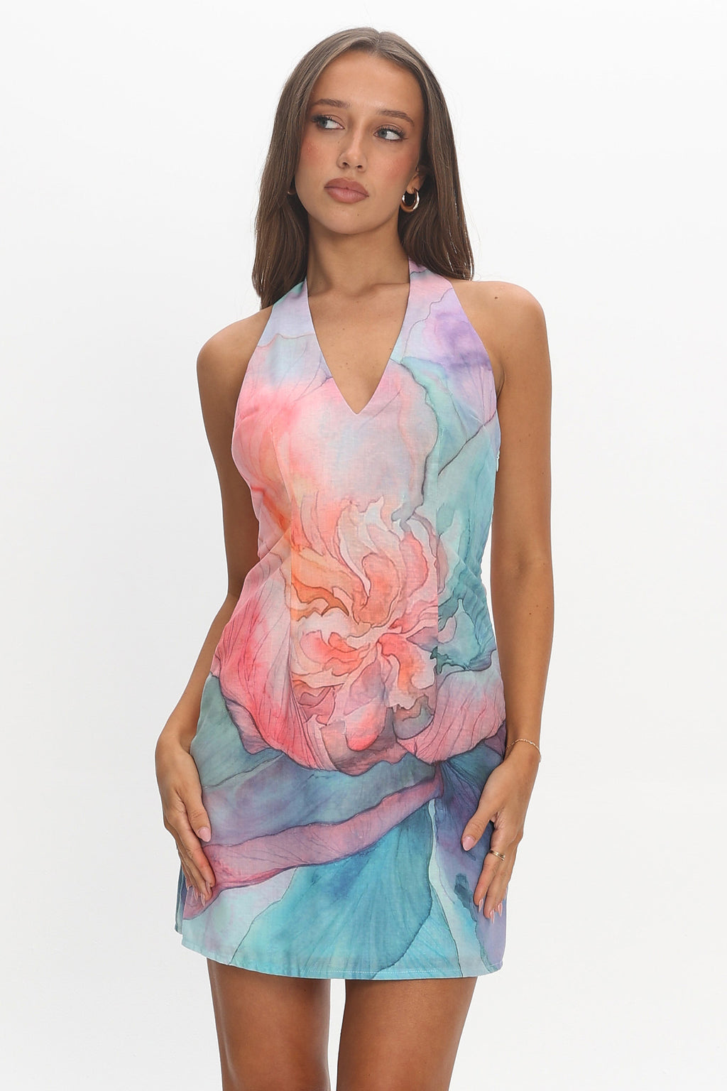 Hecate Watercolor Halter Mini Dress Aqua