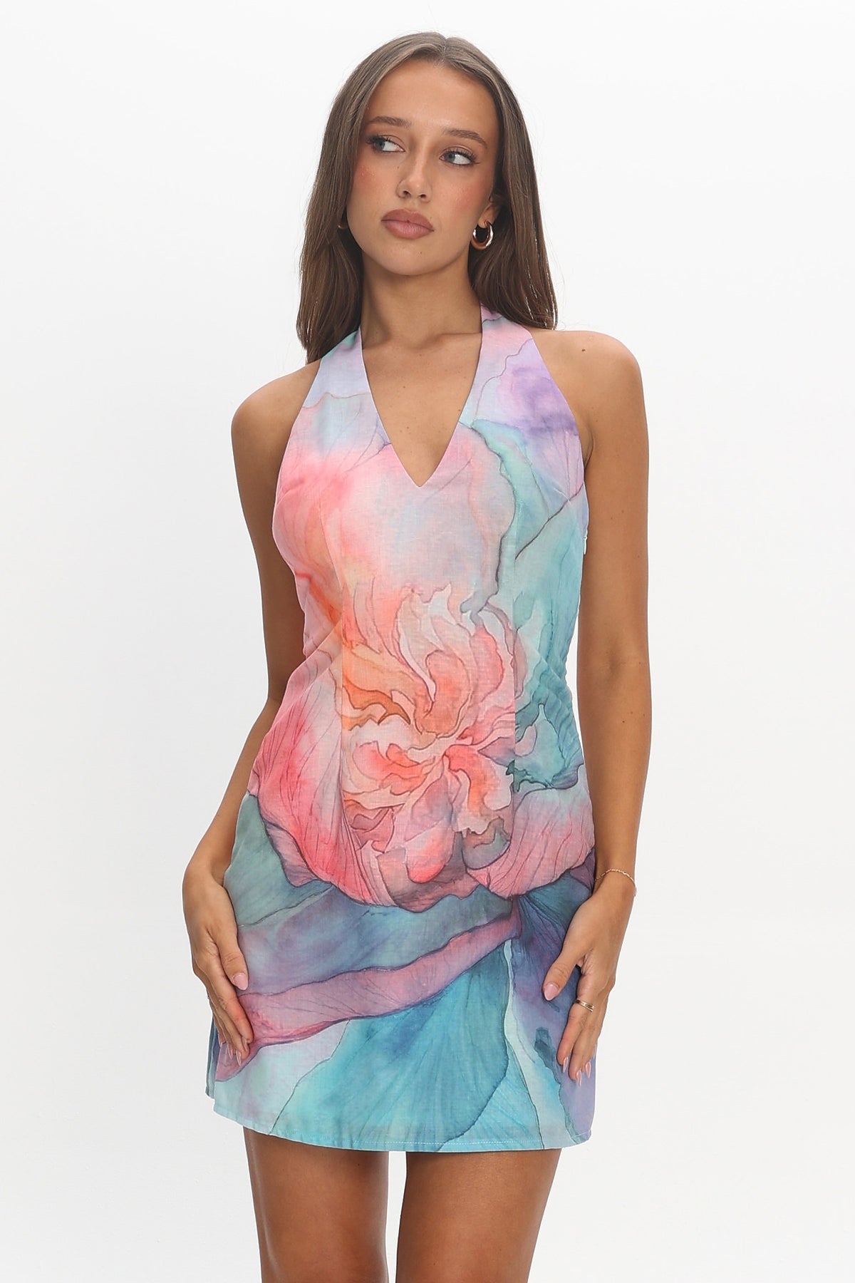 Hecate Watercolor Halter Mini Dress Aqua