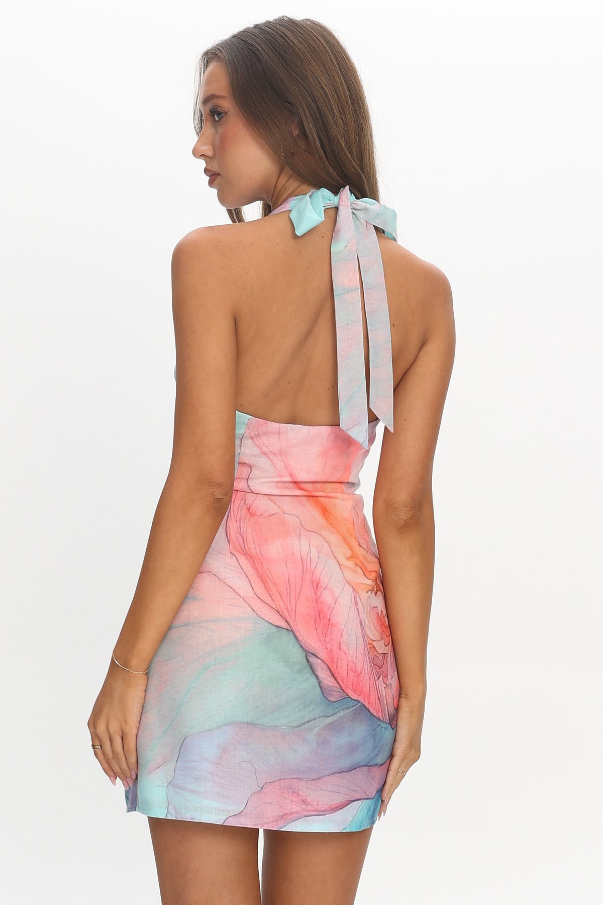 Hecate Watercolor Halter Mini Dress Aqua
