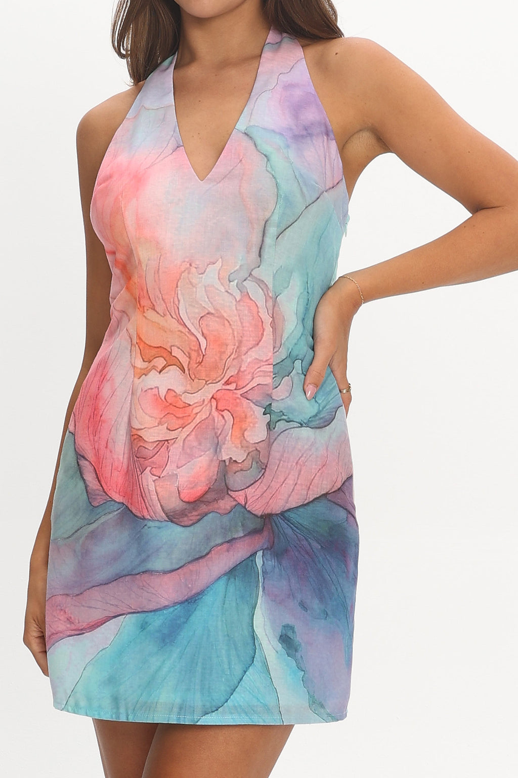 Hecate Watercolor Halter Mini Dress Aqua