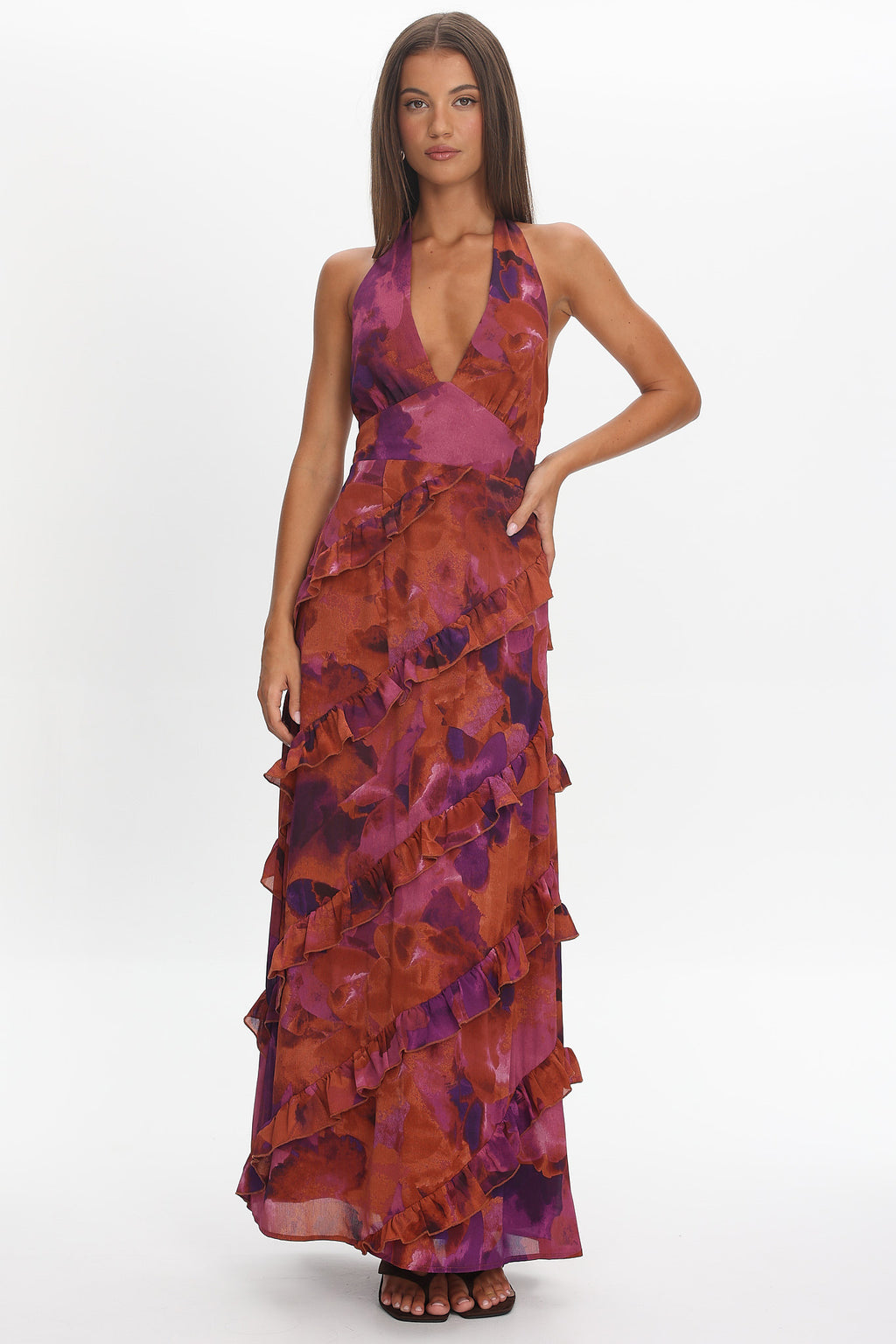Flirt Frill Trim Halter Maxi Dress Dark Rose by Selfie Leslie Australia