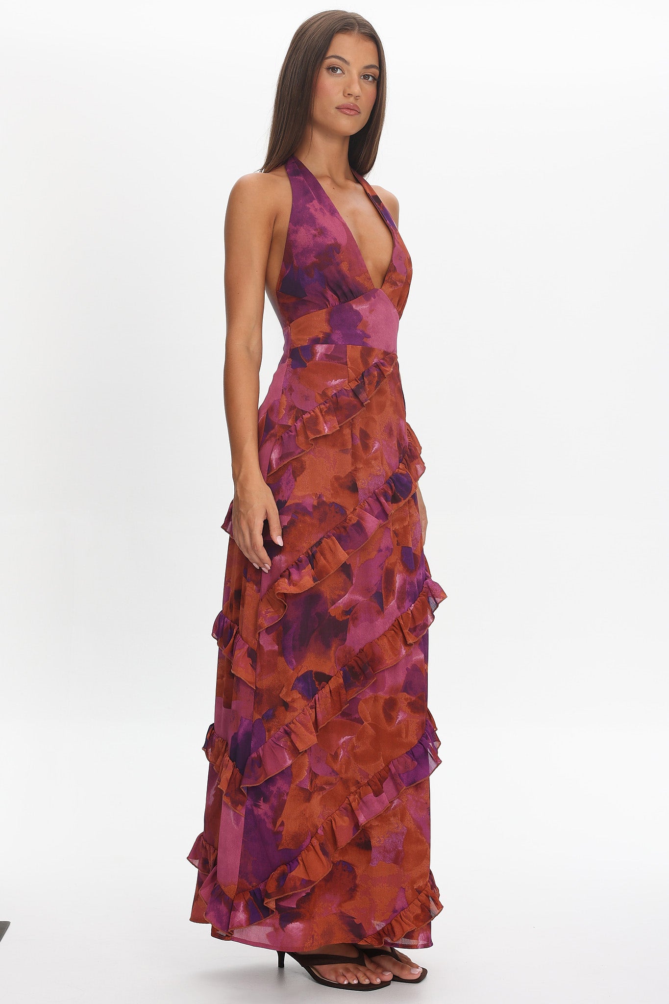 Flirt Frill Trim Halter Maxi Dress Dark Rose by Selfie Leslie Australia