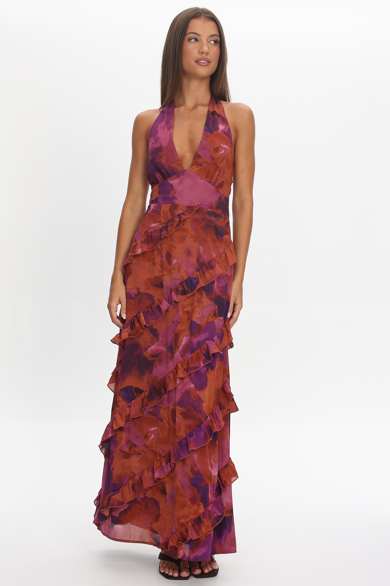 Flirt Frill Trim Halter Maxi Dress Dark Rose by Selfie Leslie Australia