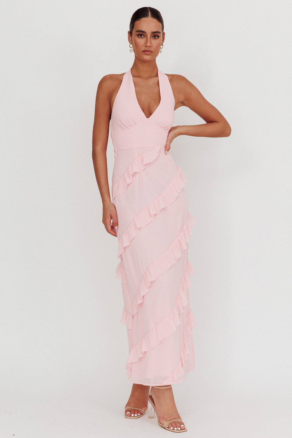 Flirt Frill Trim Halter Maxi Dress Blush by Selfie Leslie Australia