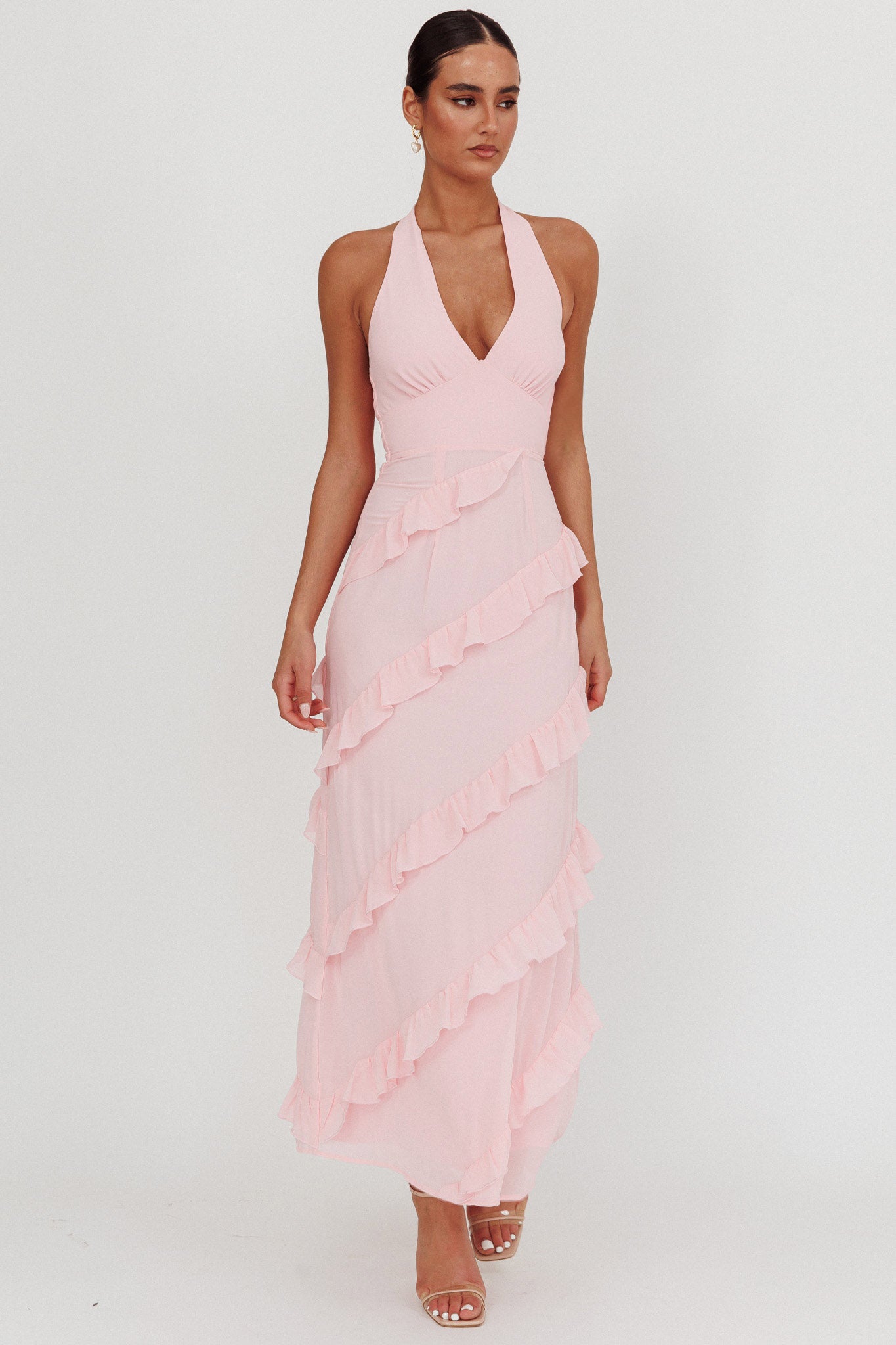 Flirt Frill Trim Halter Maxi Dress Blush by Selfie Leslie Australia