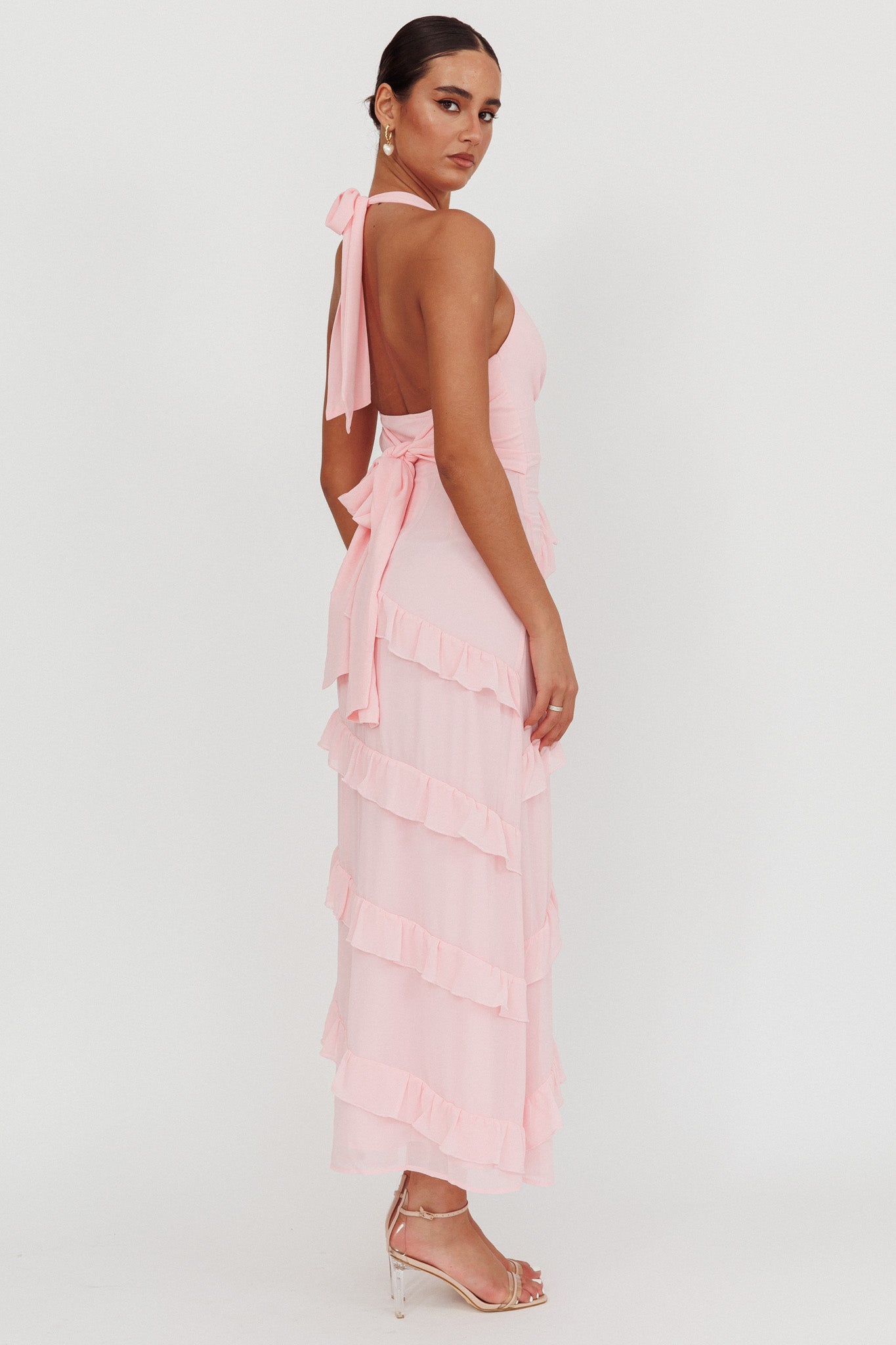 Flirt Frill Trim Halter Maxi Dress Blush by Selfie Leslie Australia